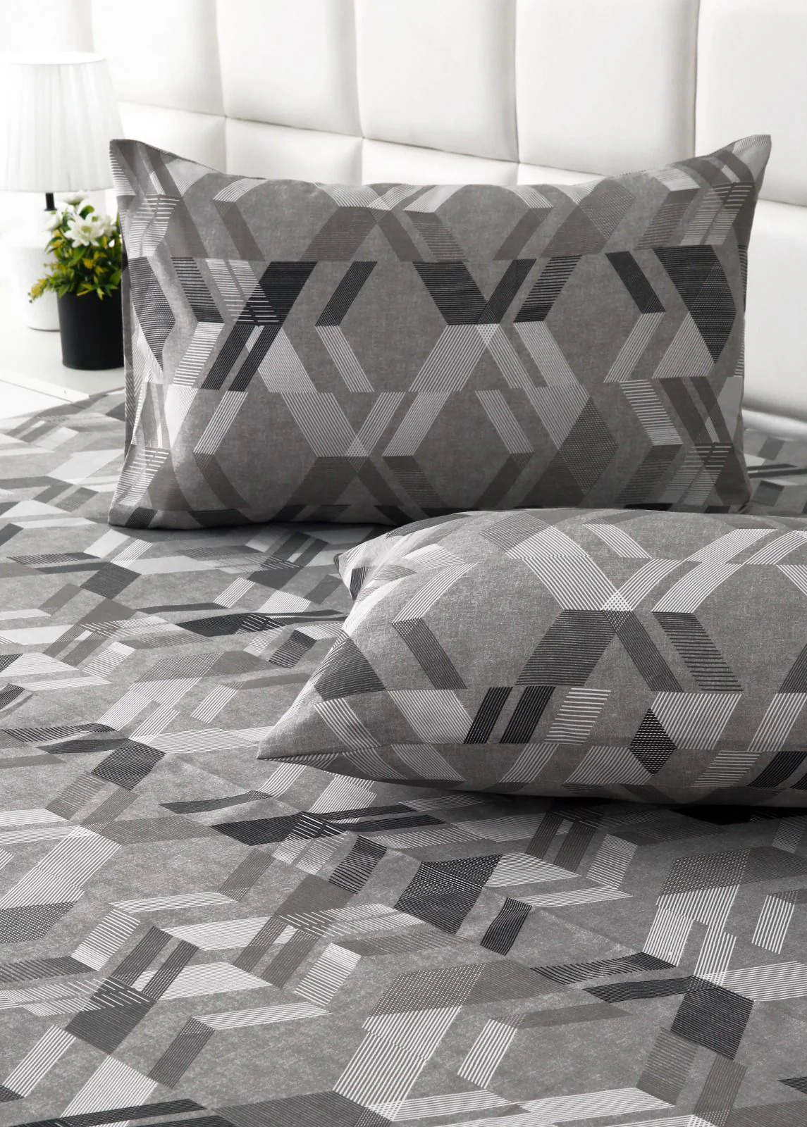 2Pcs Single Bed Sheet-Grey Triangles - Image 2