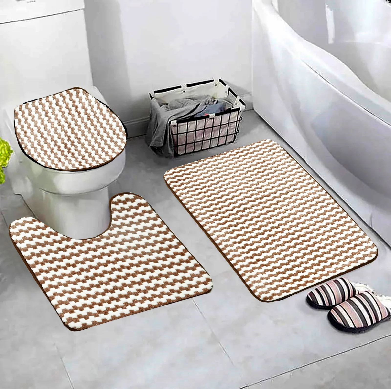3 PCs Anti Skid Commode Mat Set-Brown Lines