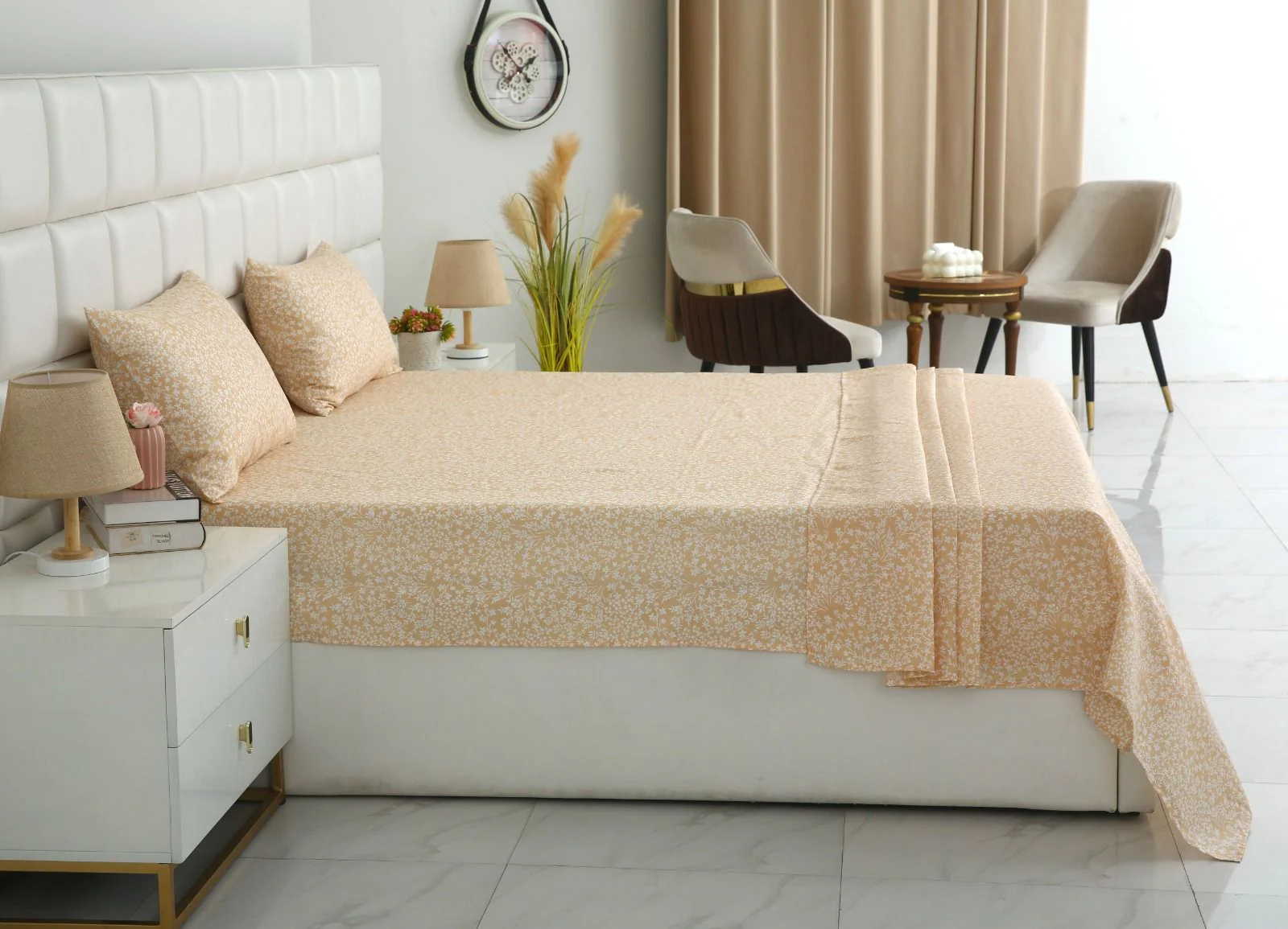 3 PCs Double Bed Sheet-Beige Bloom - Image 3