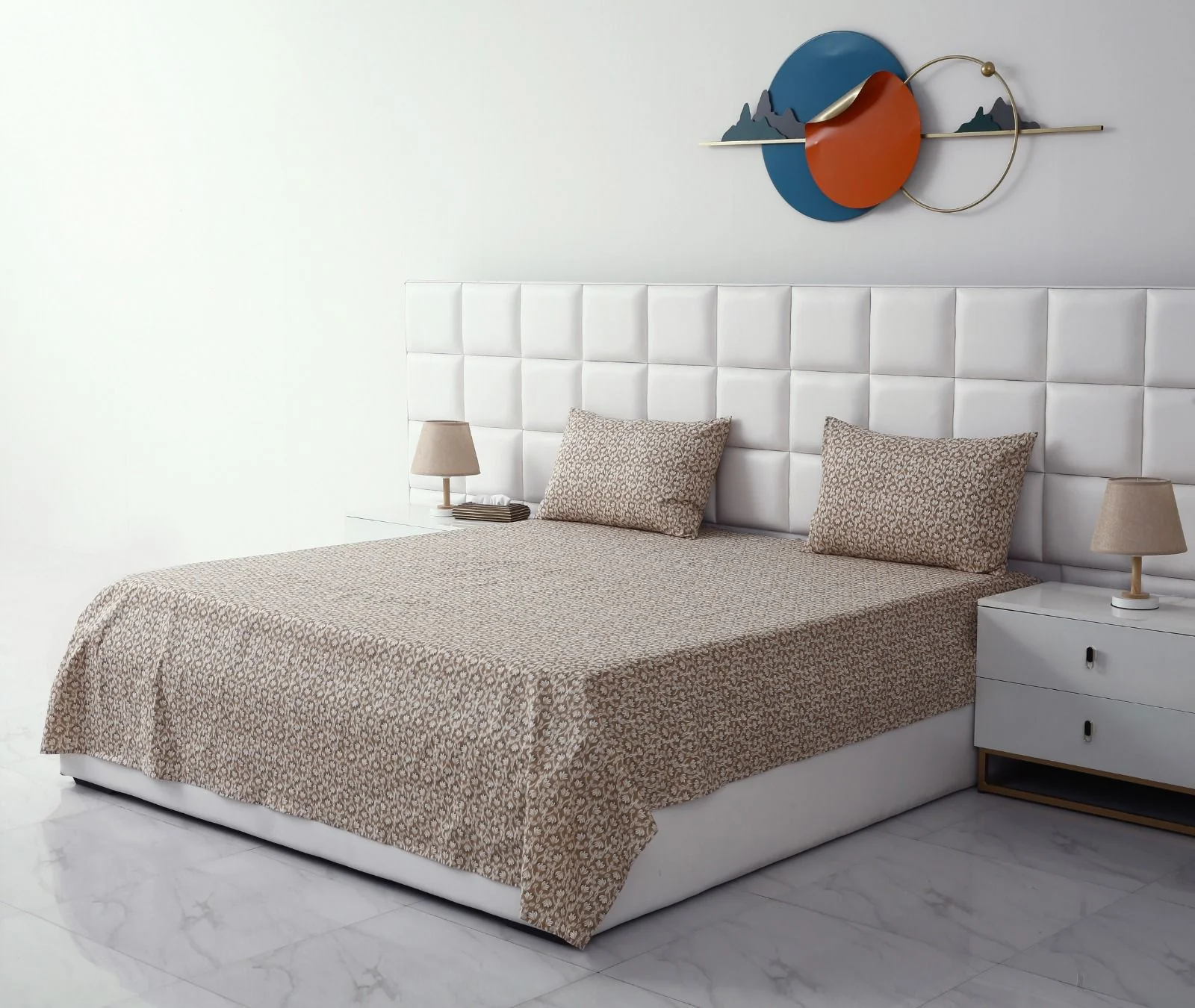 3 PCs Double Bed Sheet-Ecru Flowers - Image 2