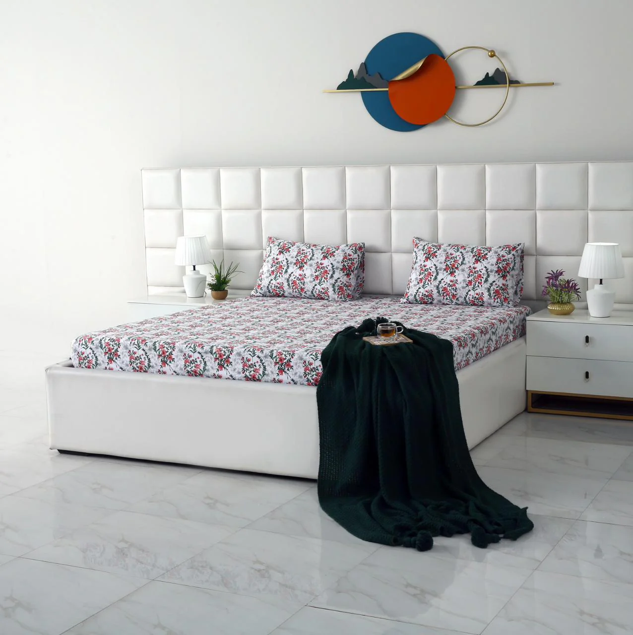 3 PCs Double Bed Sheet-Emerald Blooms - Image 3