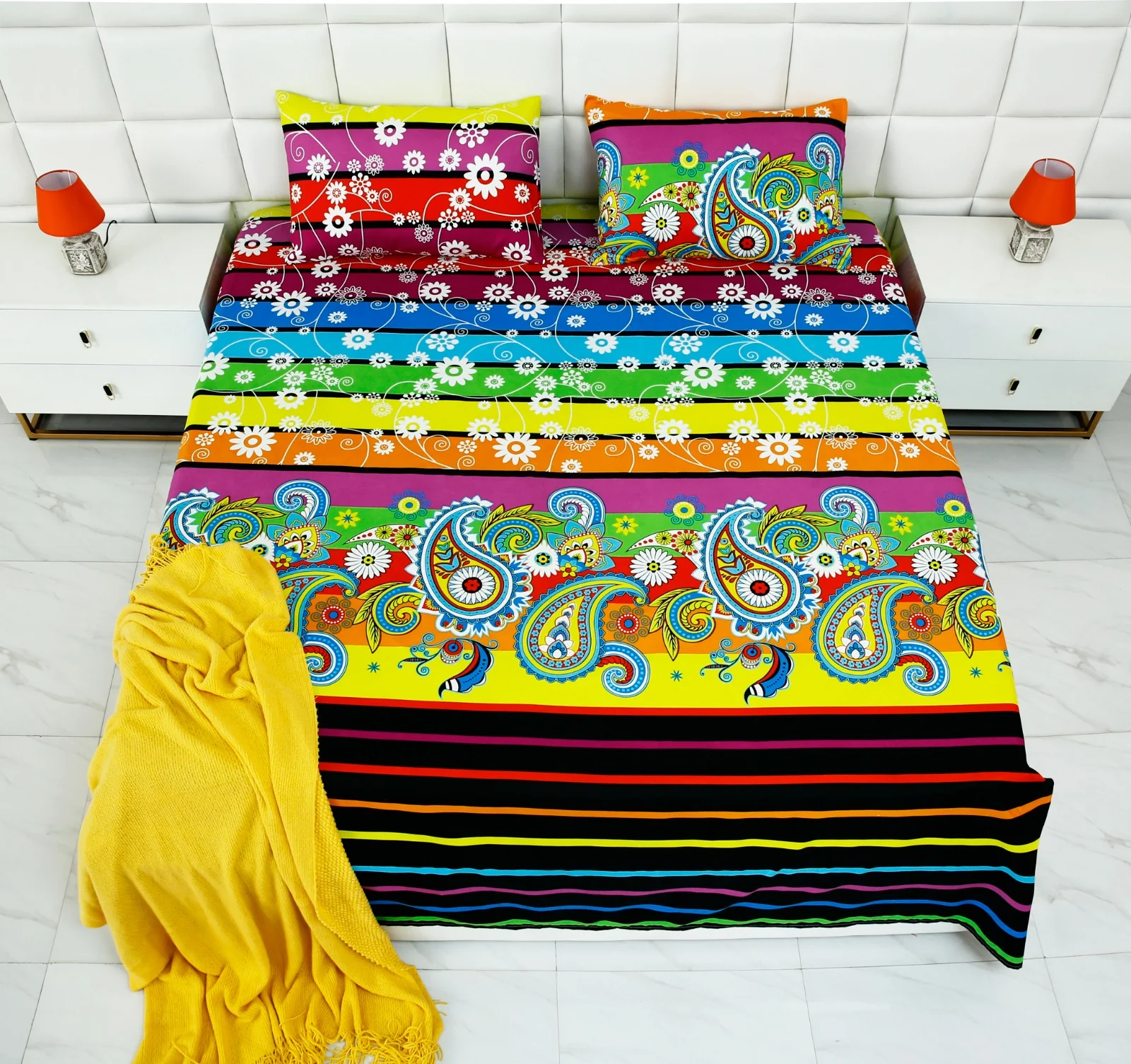 3 PCs Double Bed Sheet -Multi Flowers - Image 4