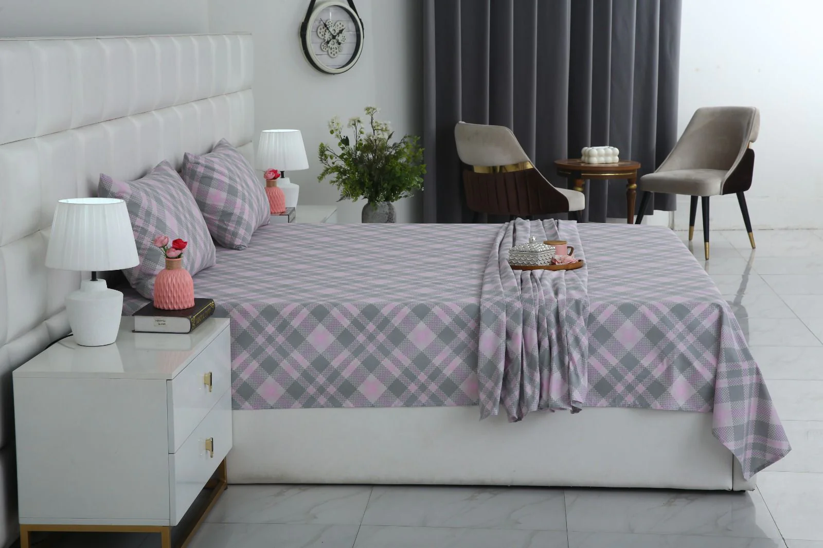 3 PCs Double Bed Sheet With Same Packing-Lilac Check - Image 4