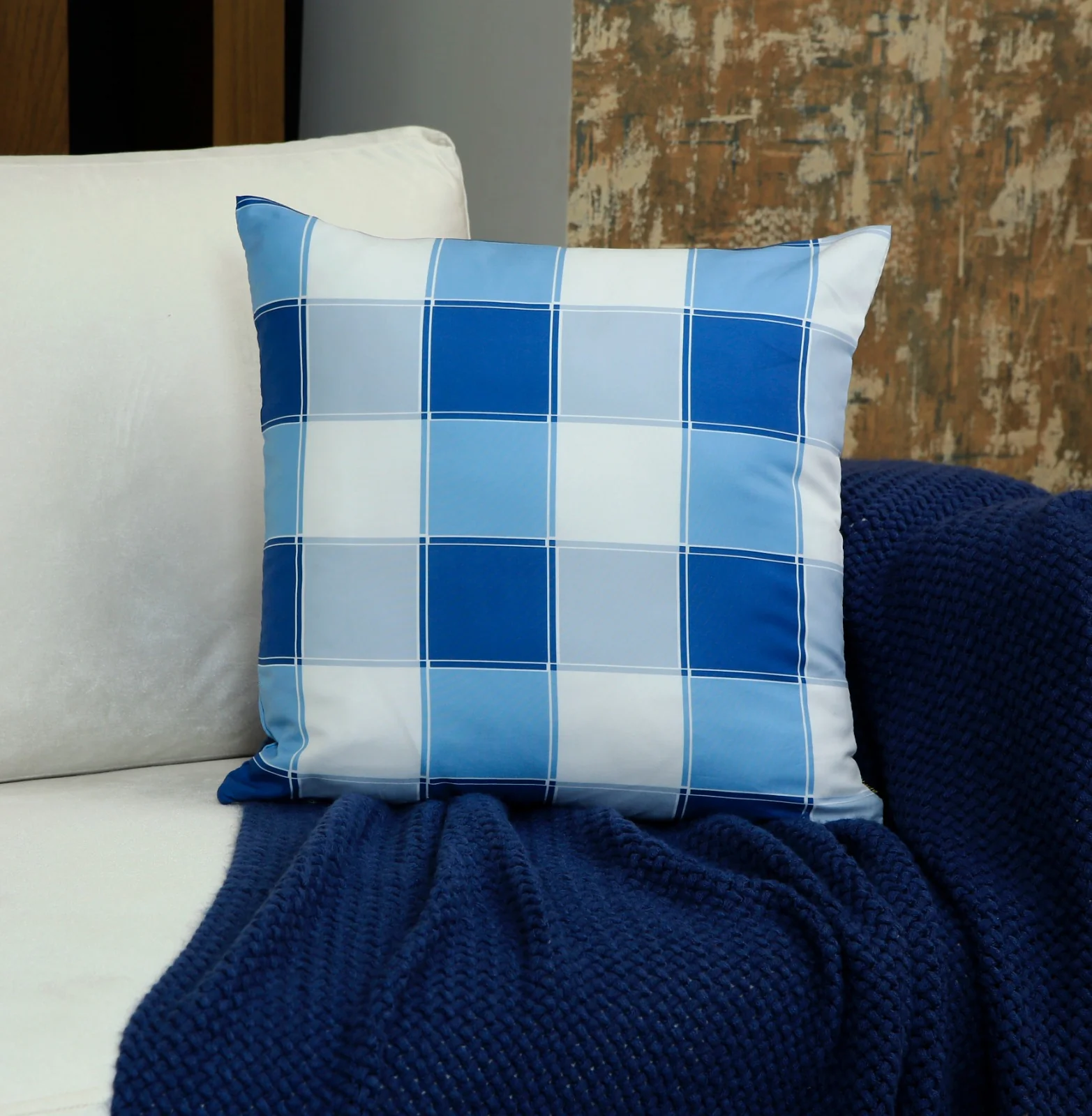 4 PCs Digital Printed Cotton Cushions-Blue Check - Image 5