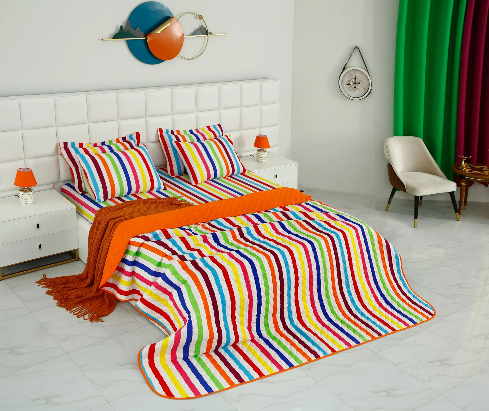6 PCs Bed Spread Set-Multi Stripe(Orange) - Image 4