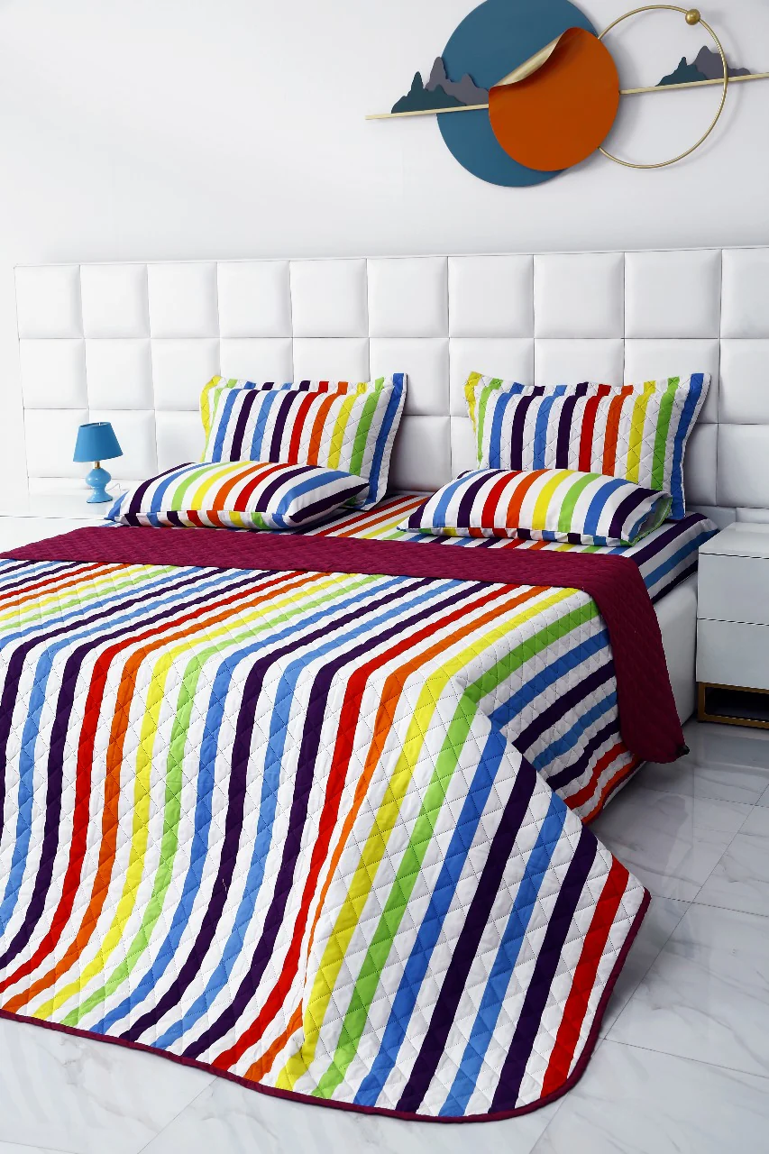 6 PCs Bed Spread Set-Multi Stripe(Plum) - Image 11