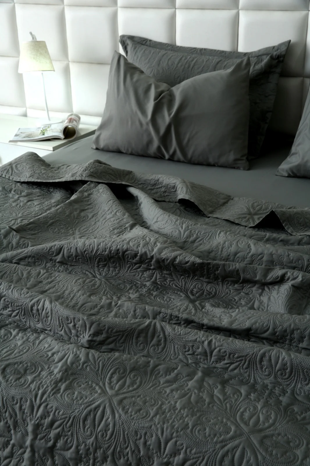 6 PCs Luxury Bed Spread Set-Grey - Image 14