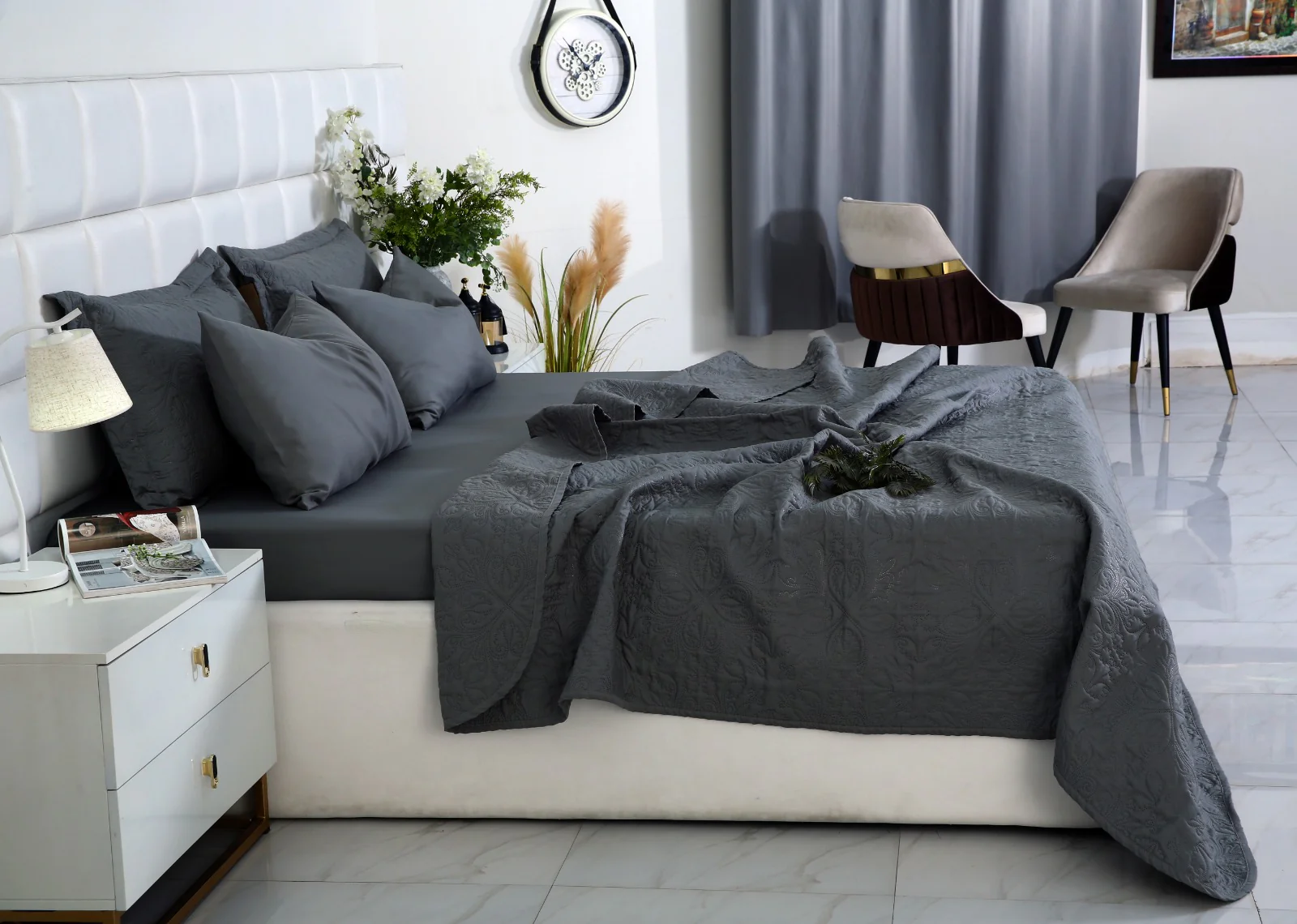 6 PCs Luxury Bed Spread Set-Grey - Image 7