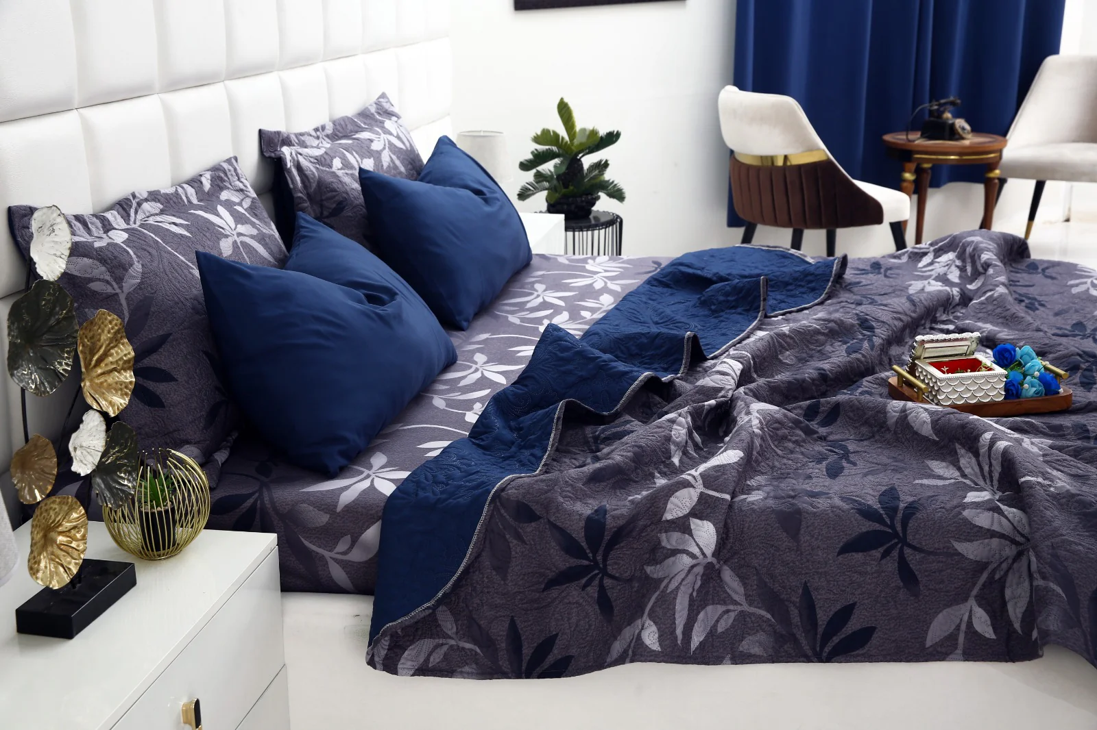 6 PCs Luxury Bed Spread Set-Grey Leaf - Image 15