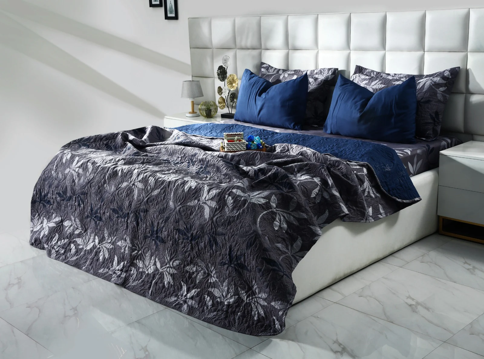 6 PCs Luxury Bed Spread Set-Grey Leaf - Image 7