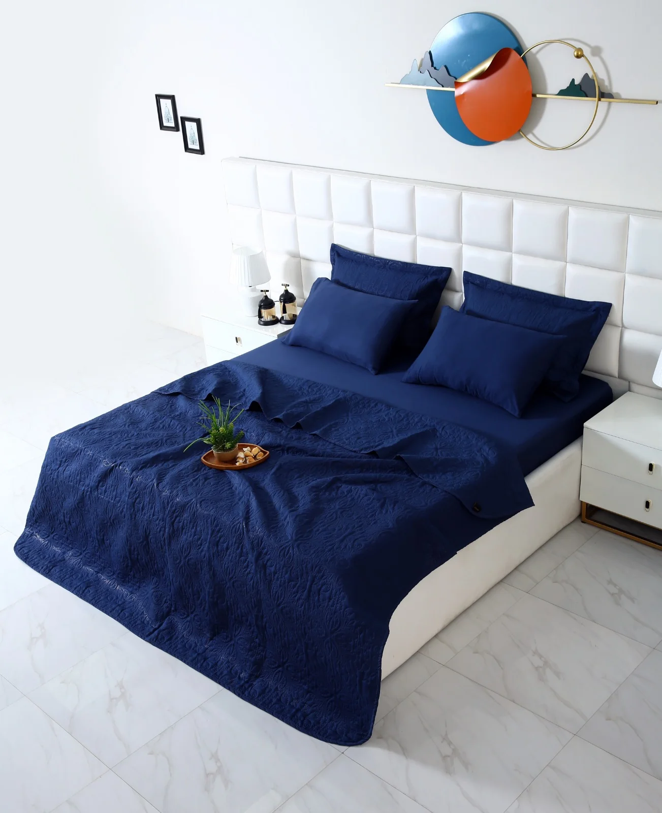 6 PCs Luxury Bed Spread Set-Navy Blue - Image 8