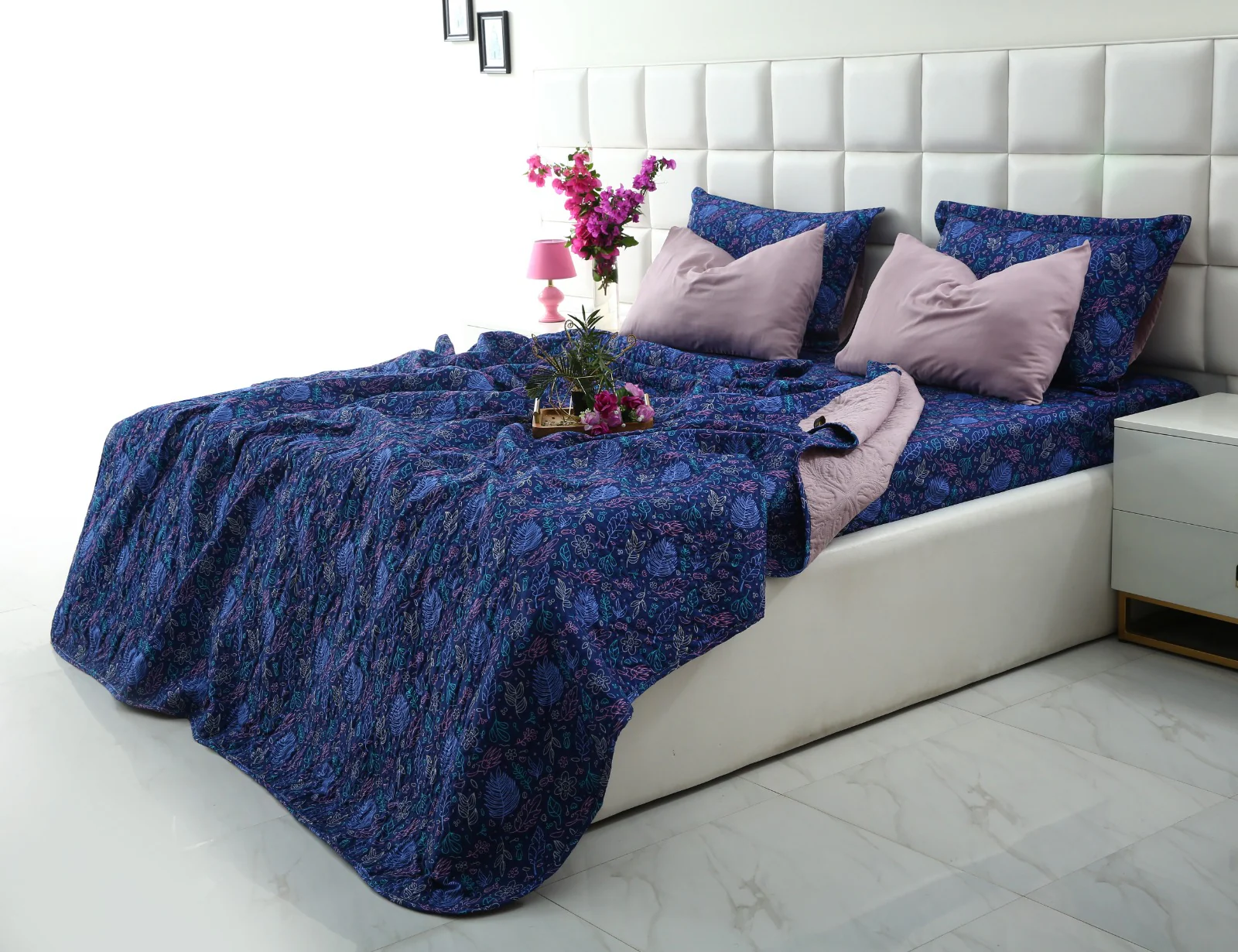 6 PCs Printed Bed Spread Set-Blue Lilly - Image 5