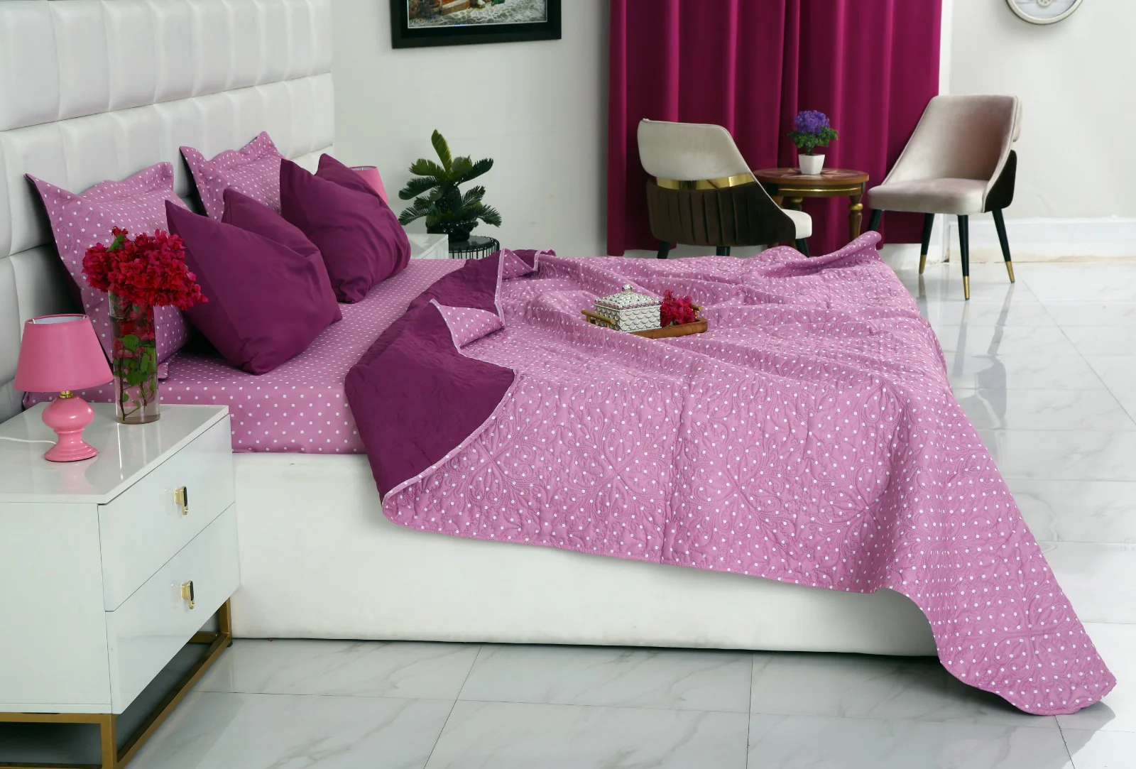 6 PCs Printed Bed Spread Set-Lilac Polka - Image 4