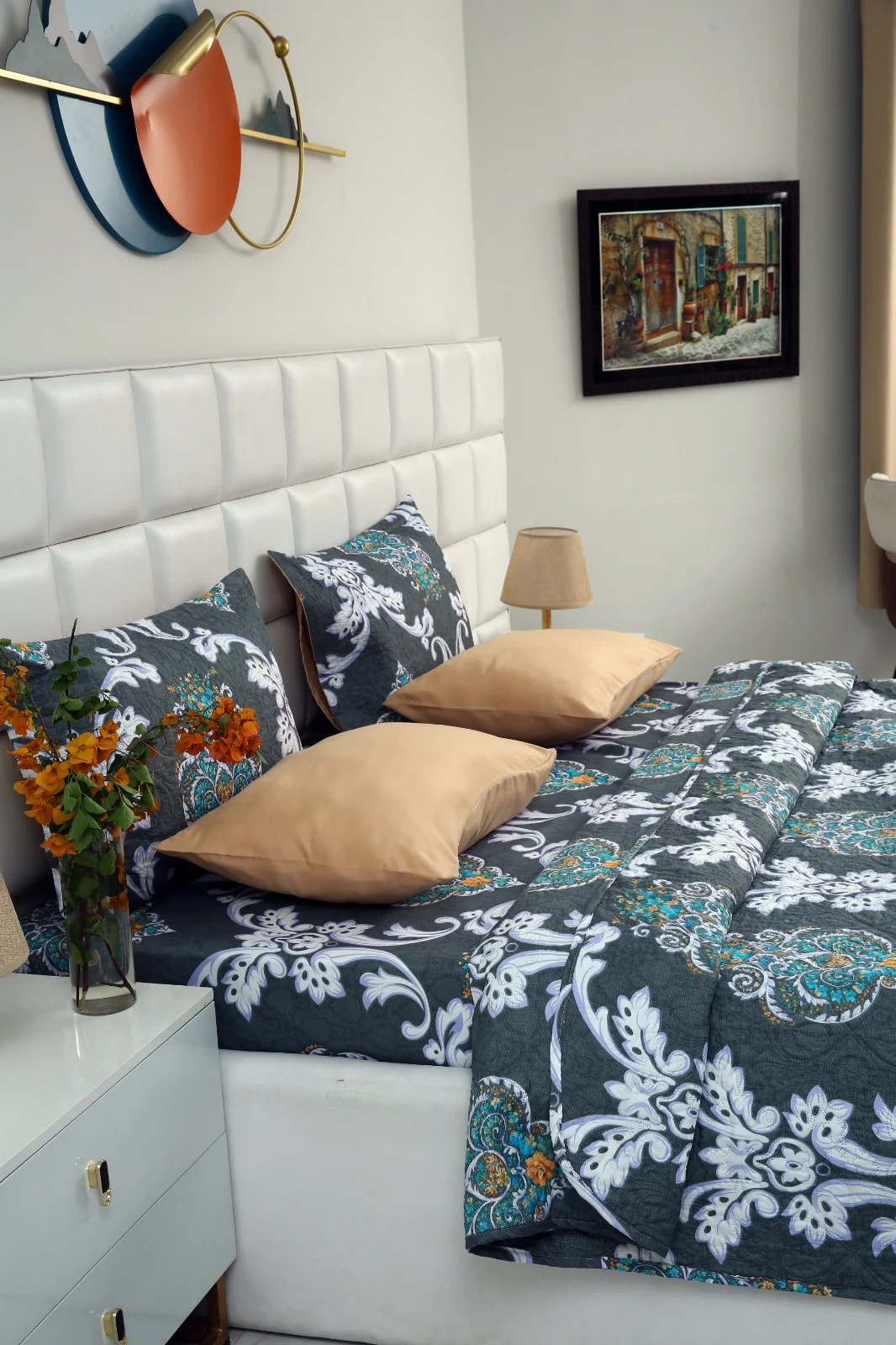 6 PCs Printed Bed Spread Set-Medallion Gold - Image 4