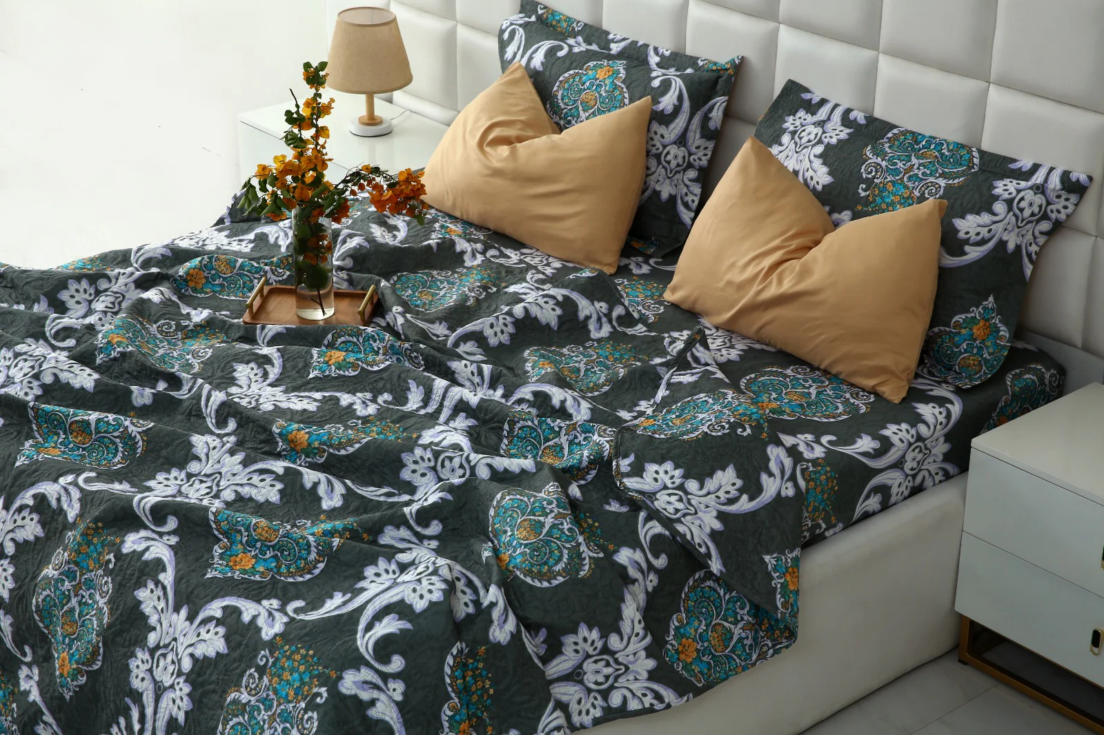 6 PCs Printed Bed Spread Set-Medallion Gold - Image 7