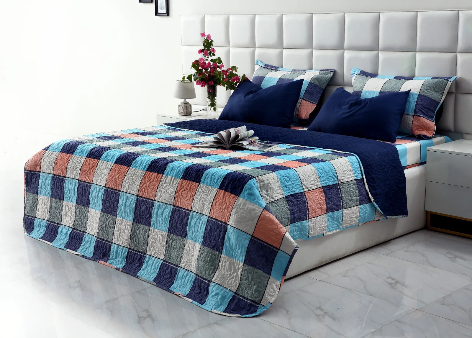 6 PCs Printed Bed Spread Set-Pastel Check - Image 2