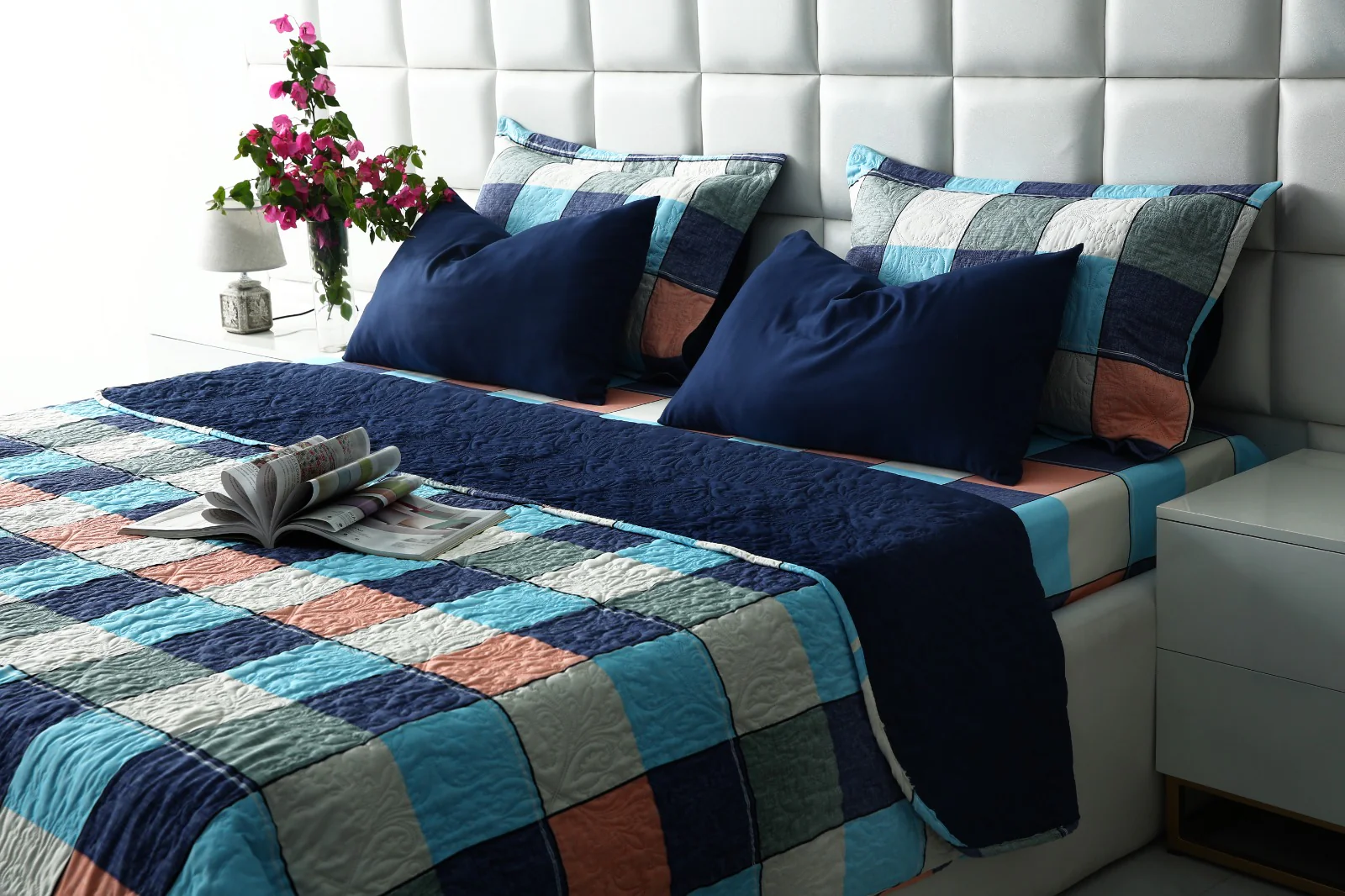 6 PCs Printed Bed Spread Set-Pastel Check - Image 4