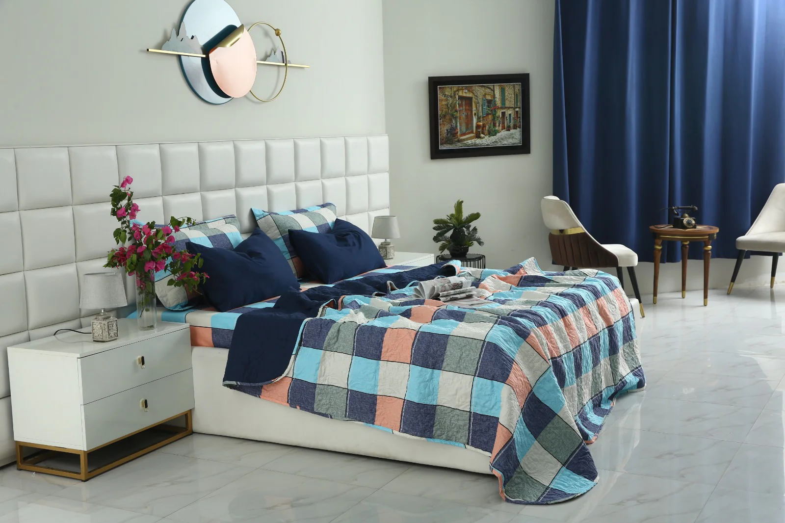 6 PCs Printed Bed Spread Set-Pastel Check - Image 5