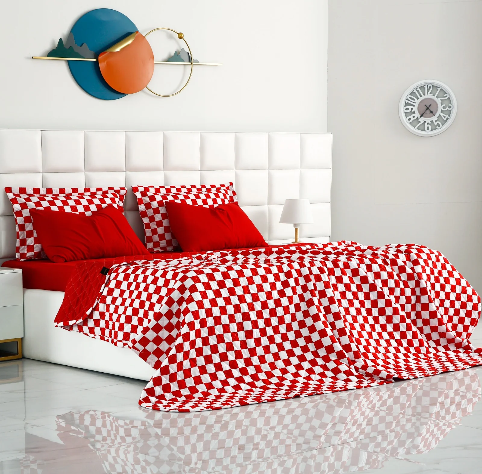6 PCs Printed Bed Spread Set-Red Chess - Image 5
