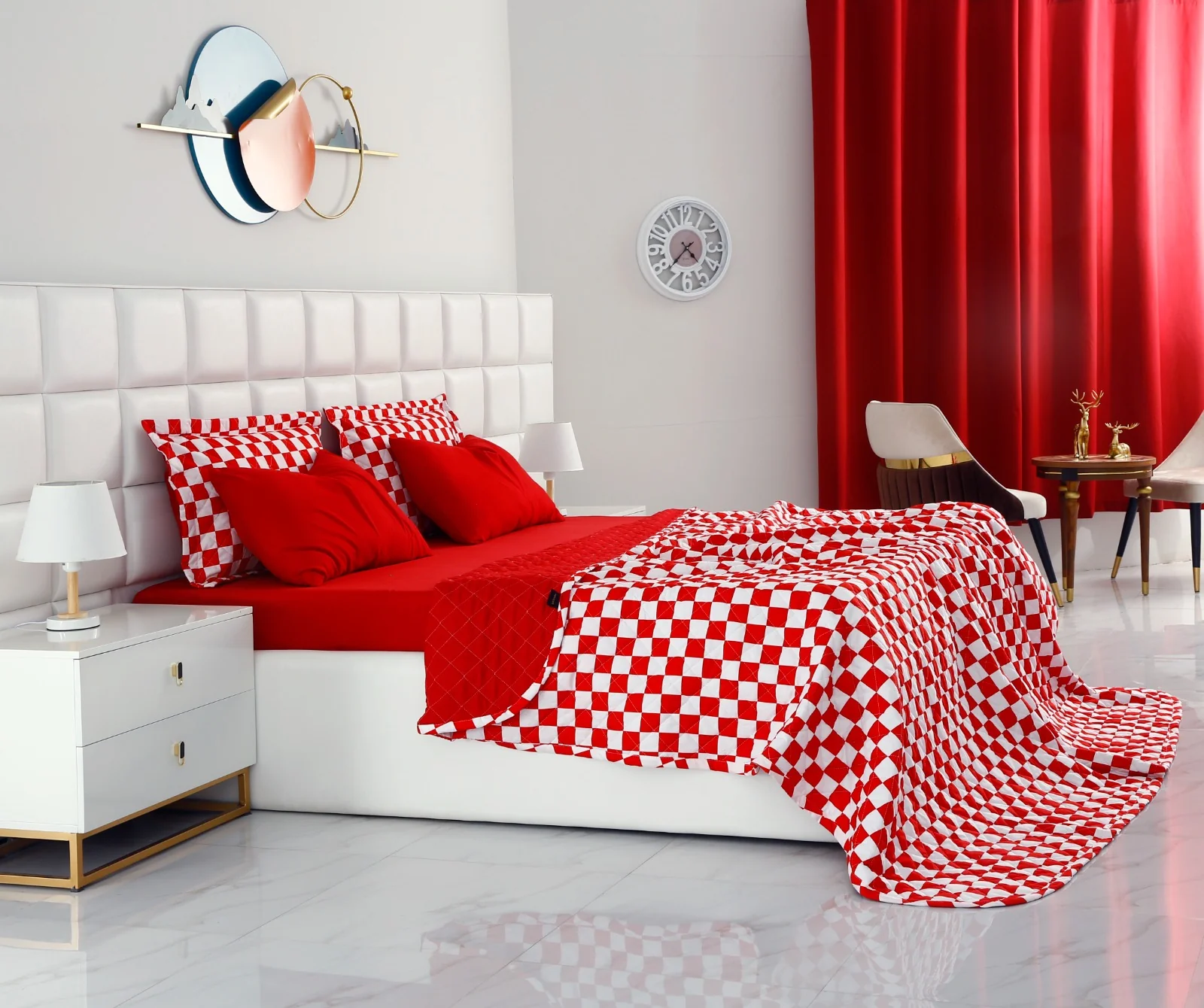 6 PCs Printed Bed Spread Set-Red Chess - Image 6