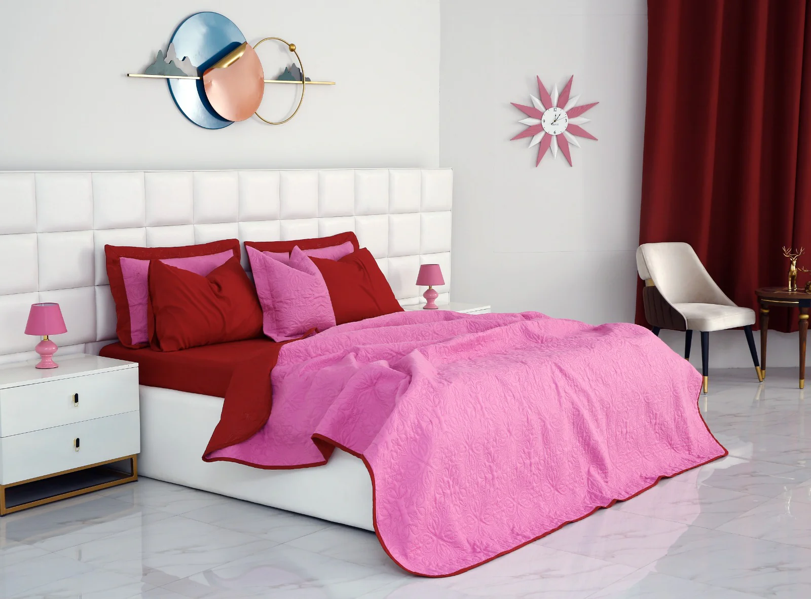7 PCs Ultrasonic Bed Spread Set-Red over Lilac - Image 4