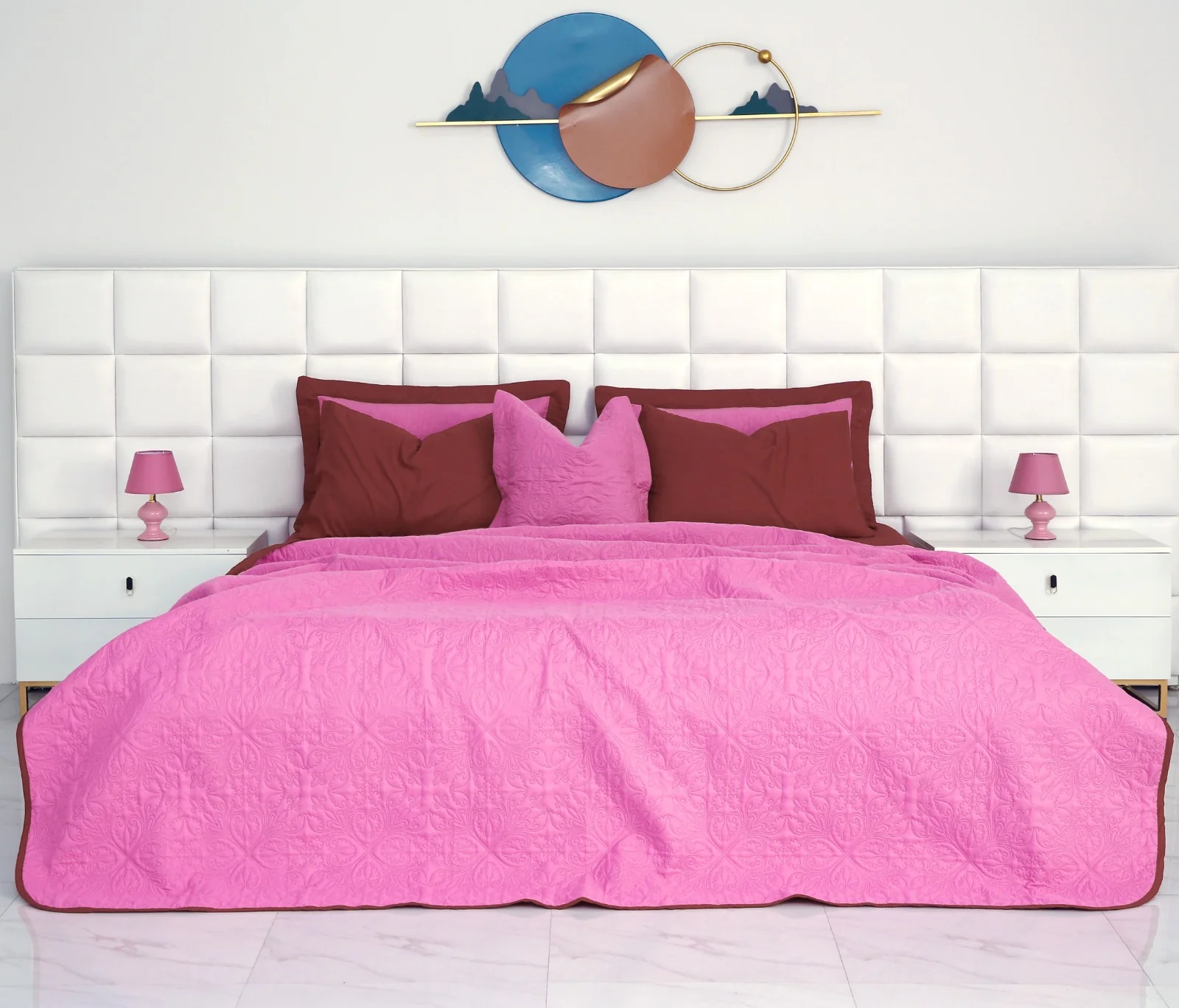7 PCs Ultrasonic Bed Spread Set-Red over Lilac - Image 5