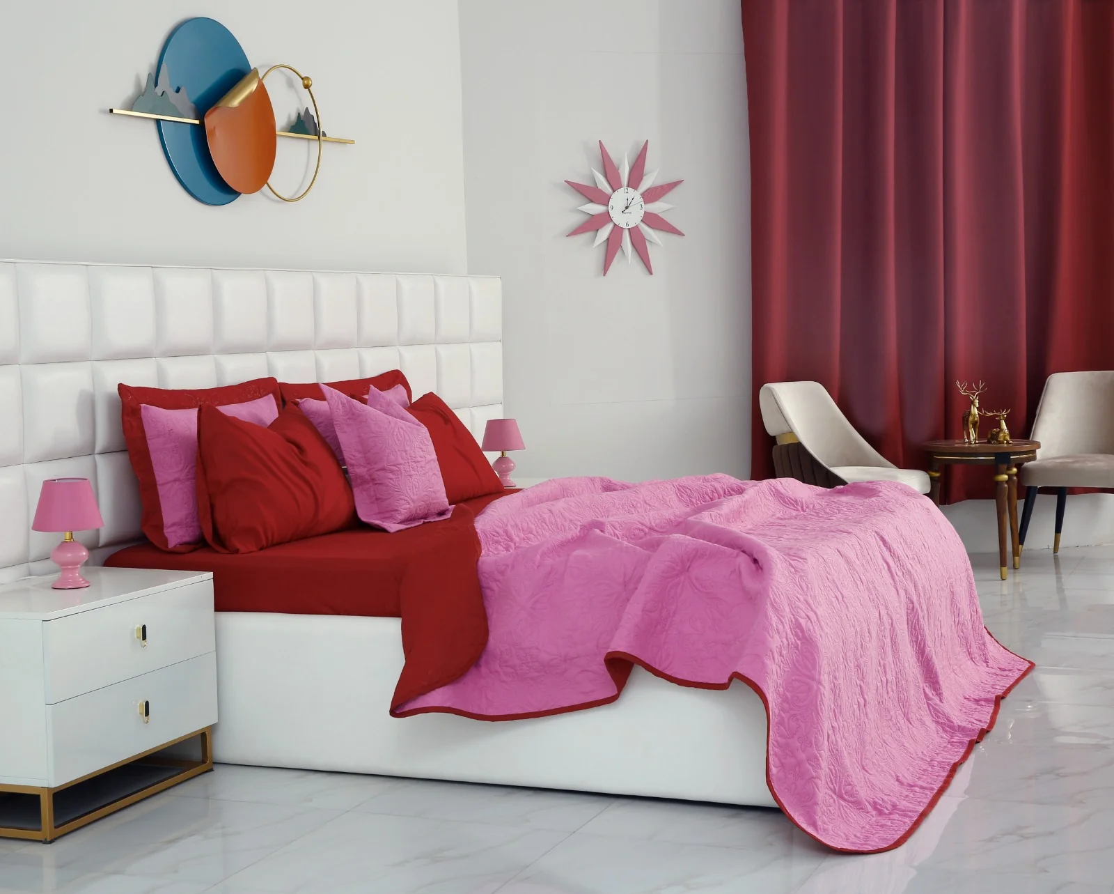 7 PCs Ultrasonic Bed Spread Set-Red over Lilac - Image 7