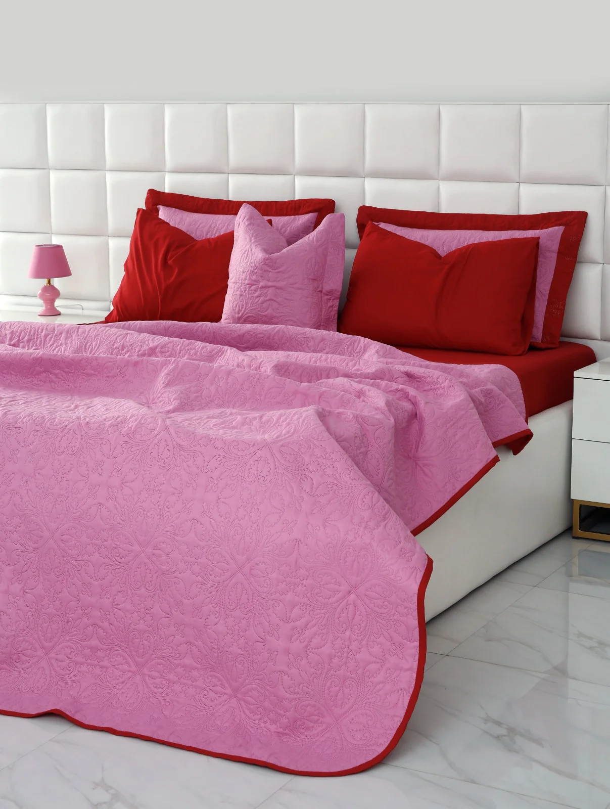 7 PCs Ultrasonic Bed Spread Set-Red over Lilac - Image 8