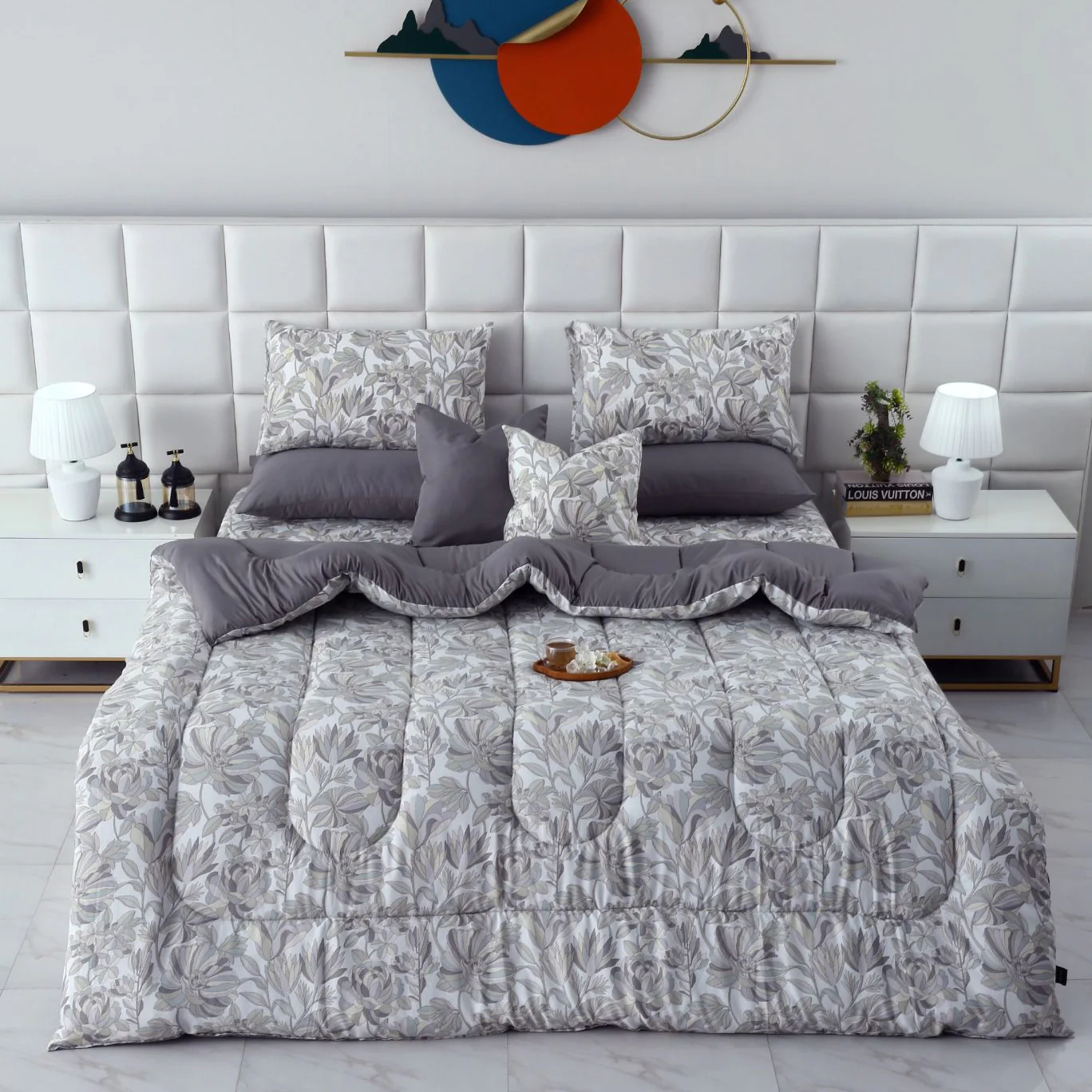 8 PCs Winter Razai Set-Buds Floral(With Pastel Grey Reverse)