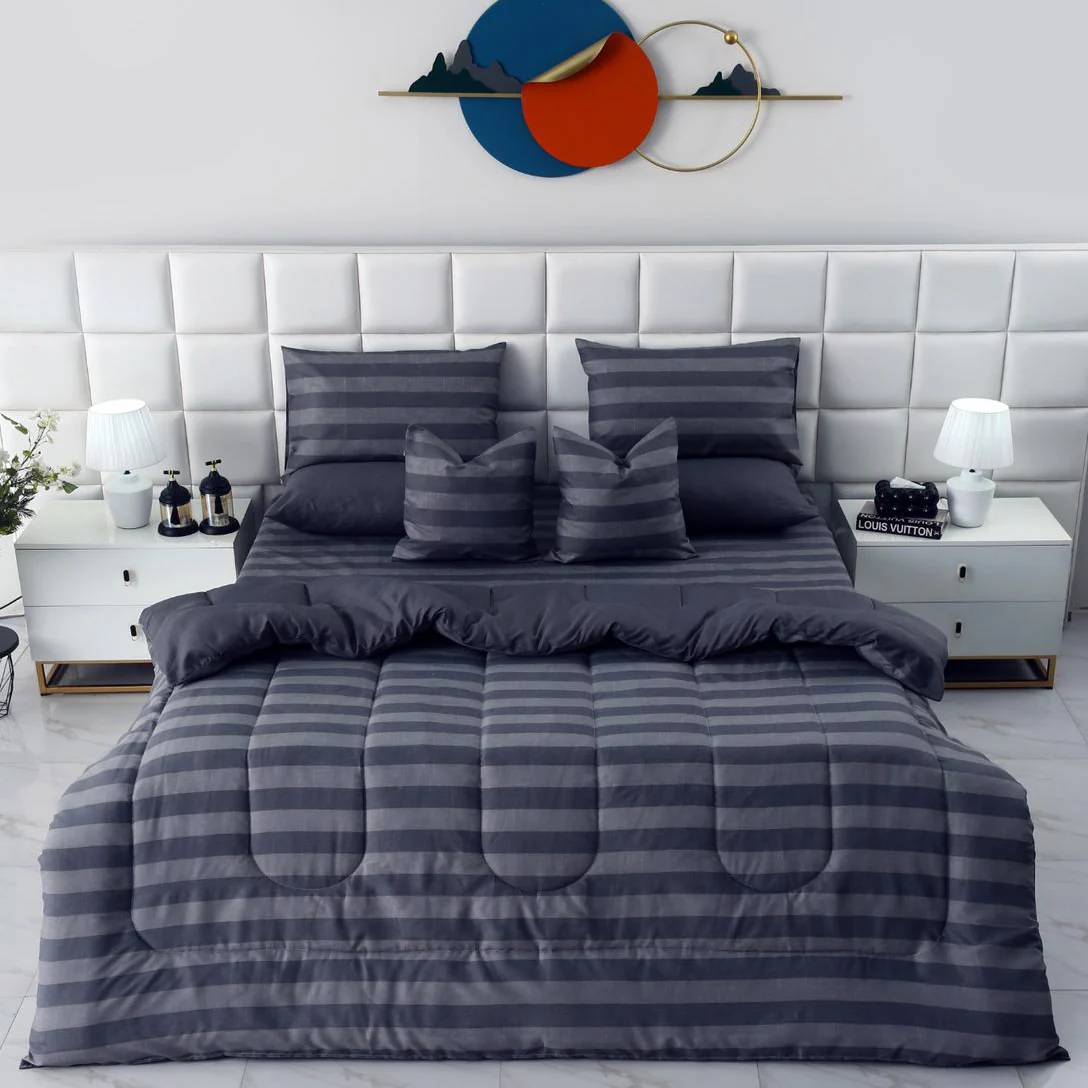 8 PCs Winter Razai Set-Charcoal Stripes