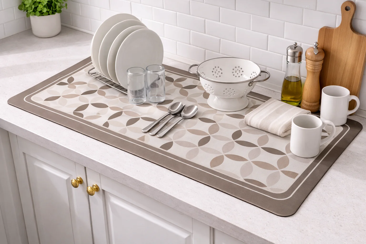 AntiSkid Dish Drying Heat & Water Protector Mat-SA-2553-Brown Flowers