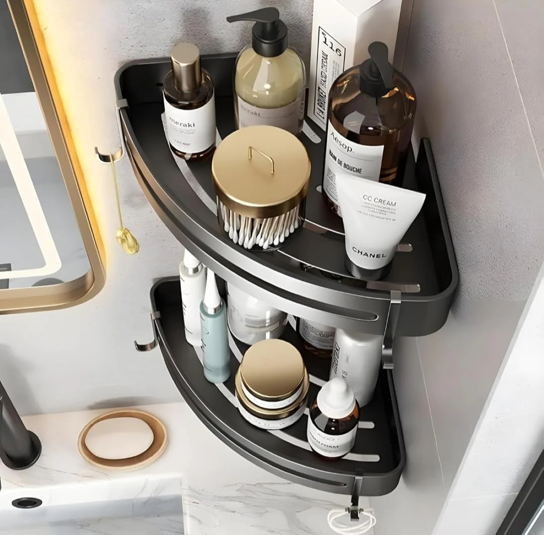 Black Aluminium Corner Bathroom Shelf-SA2408-138 - Image 4