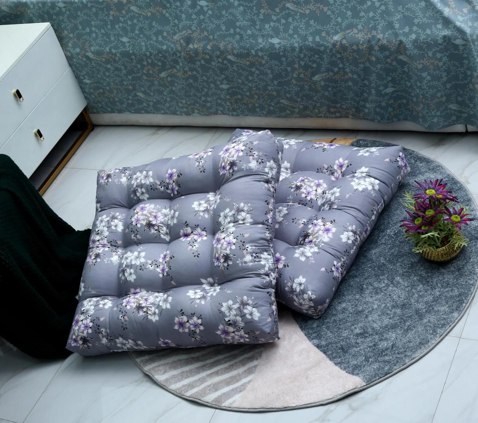 Digital Printed Square Floor Cushions-White Rose - Image 5