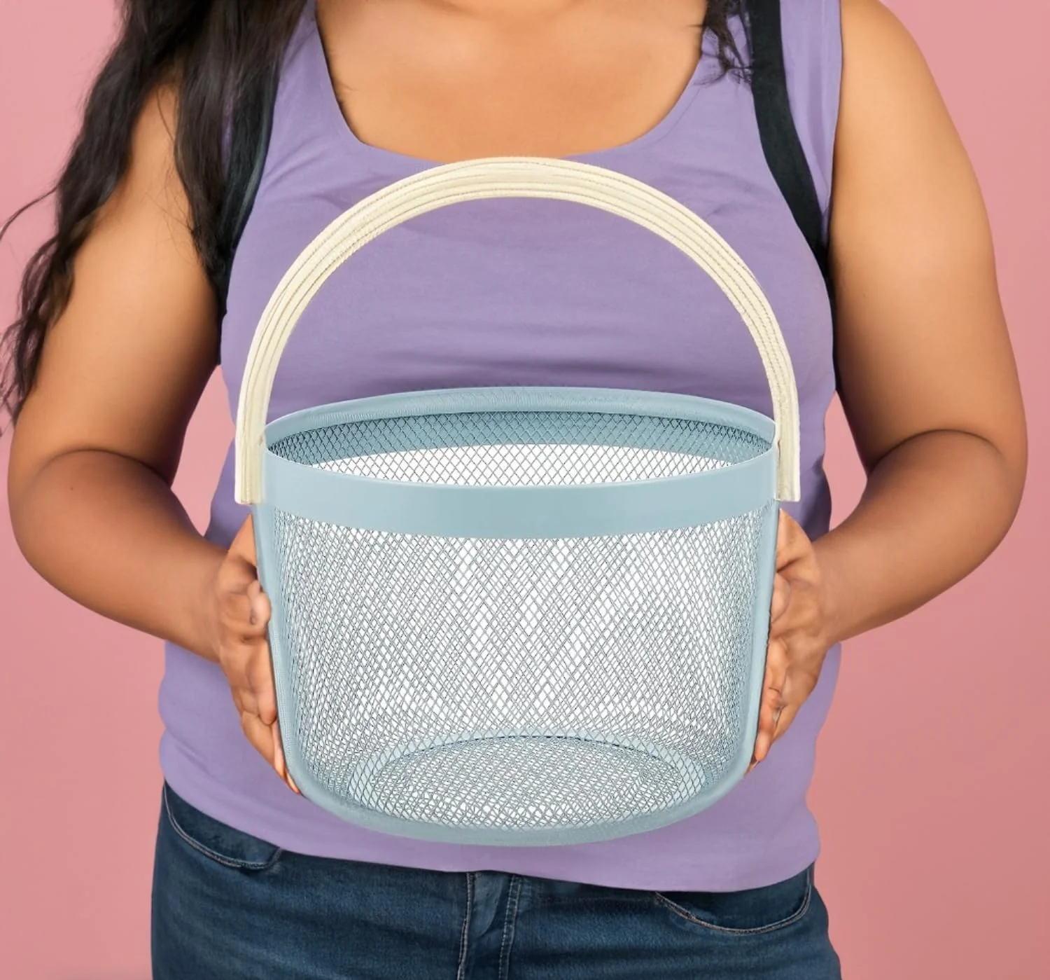 Mesh Steel Basket with Wooden Handle-Round Green - Image 5