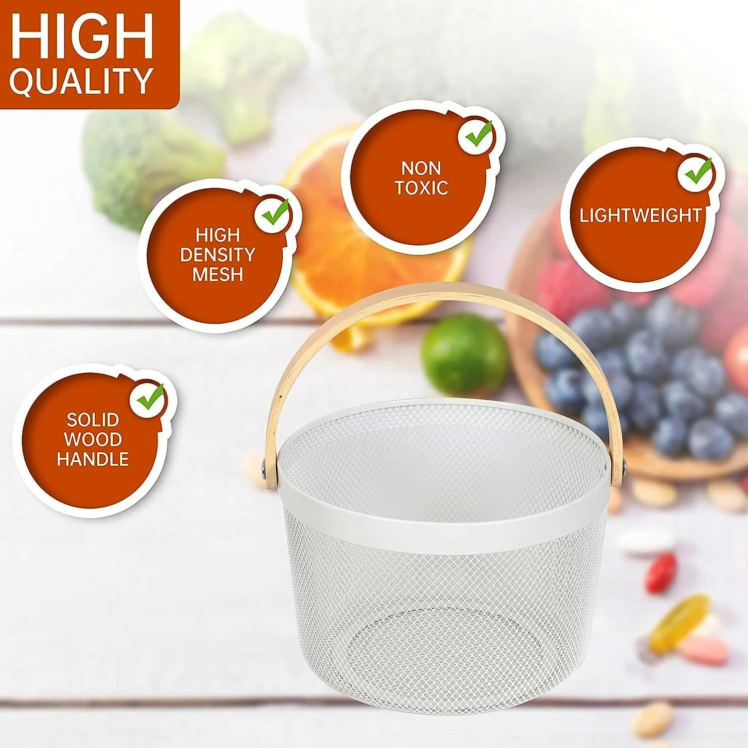 Mesh Steel Basket with Wooden Handle-Round White - Image 4