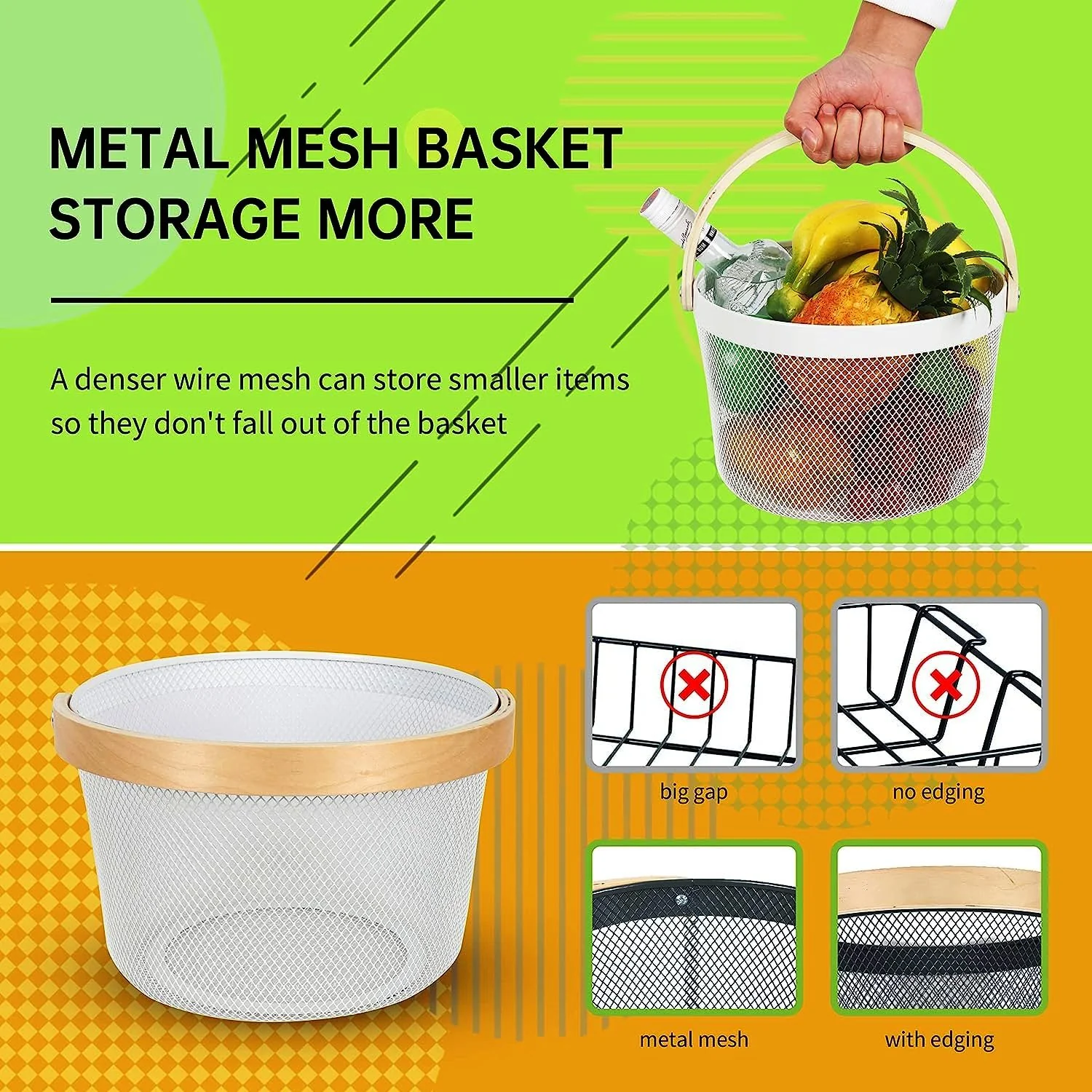 Mesh Steel Basket with Wooden Handle-Round White - Image 5