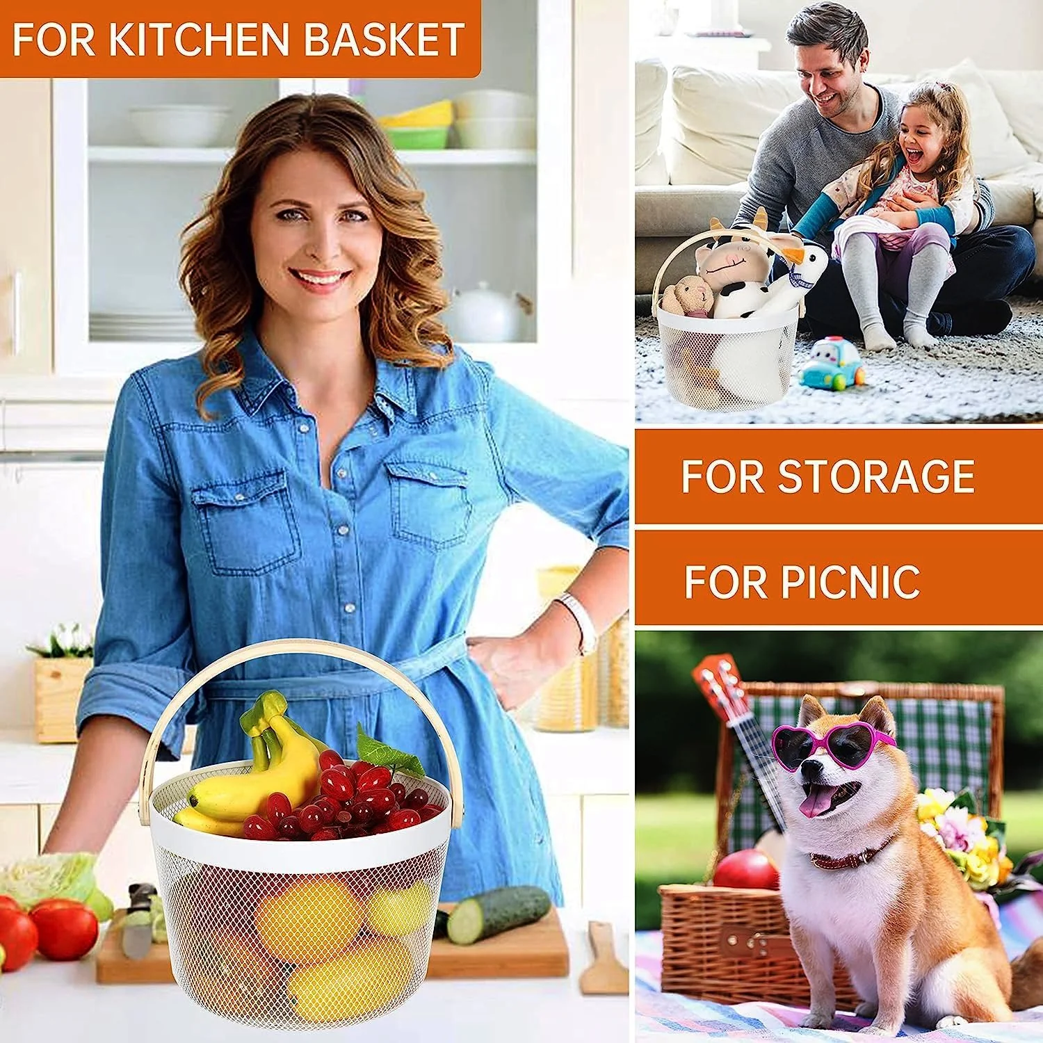Mesh Steel Basket with Wooden Handle-Round White - Image 6
