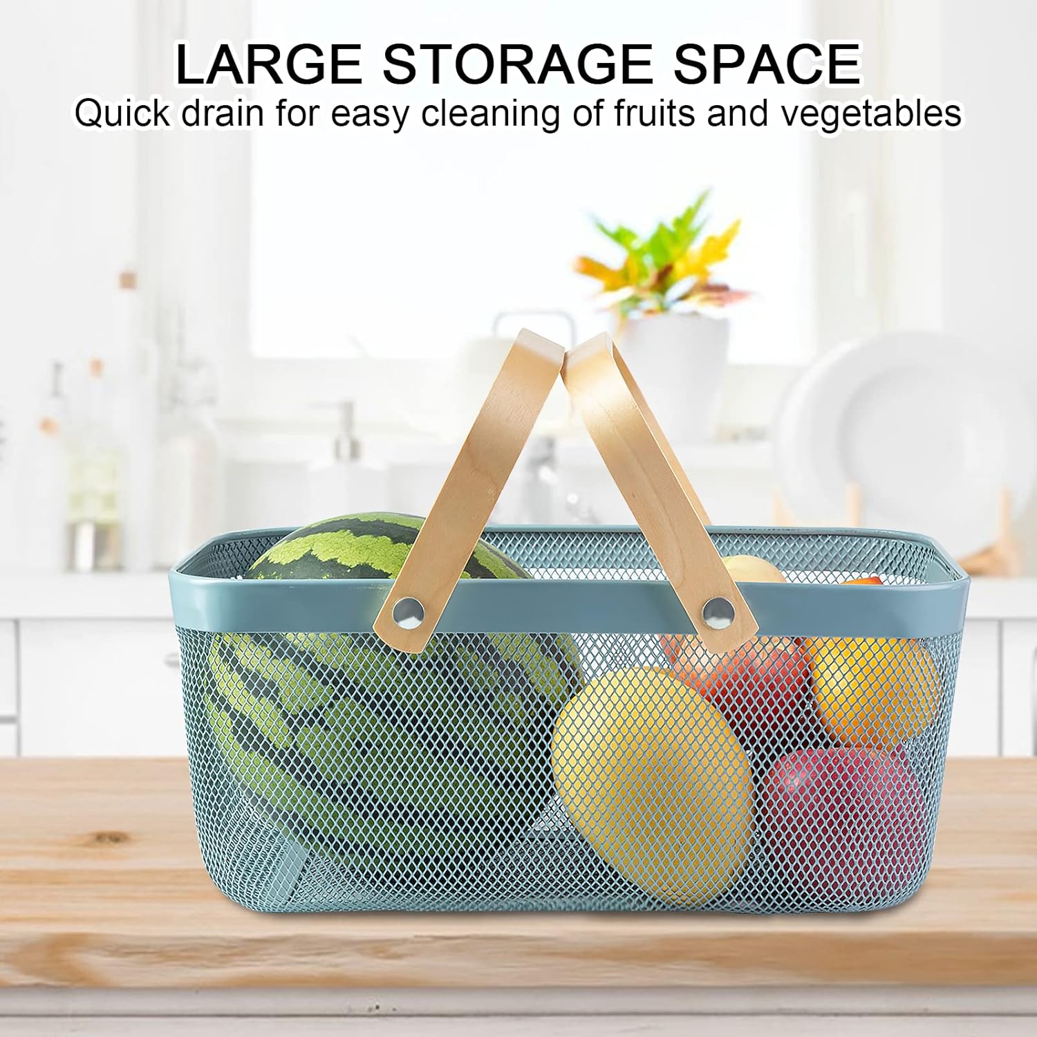 Rectangular Mesh Basket With Double Wooden Handle- Blue - Image 4