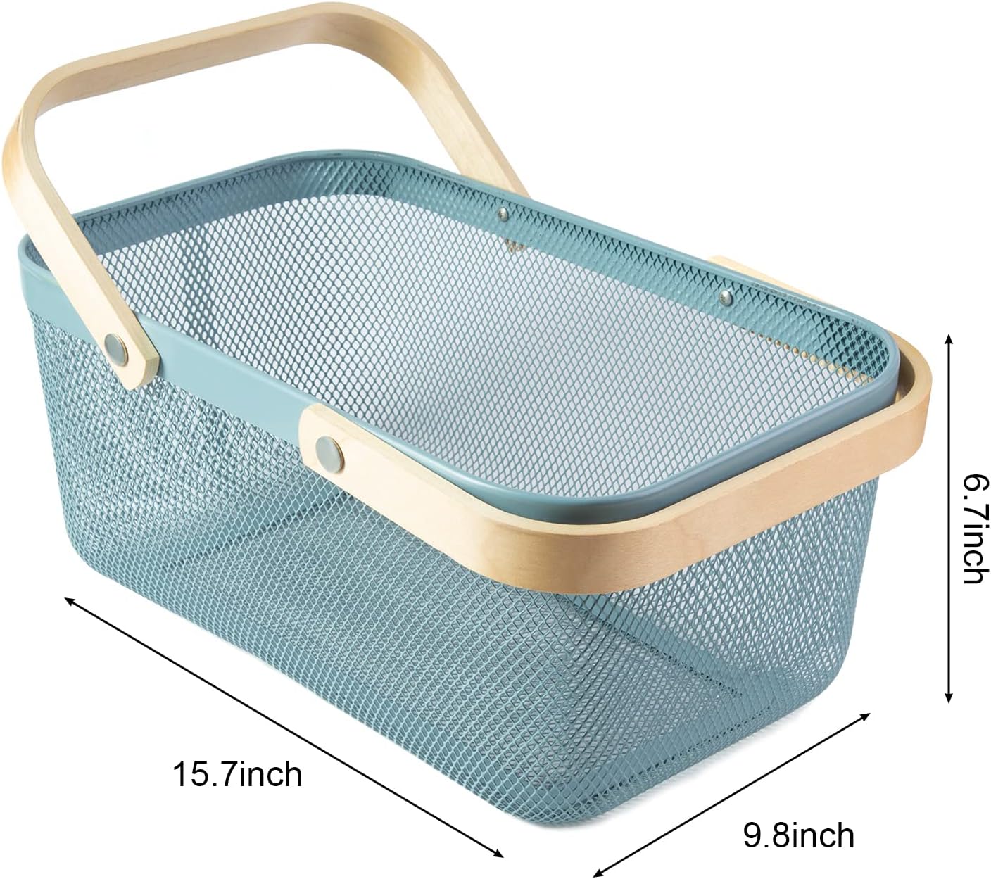 Rectangular Mesh Basket With Double Wooden Handle- Blue - Image 5