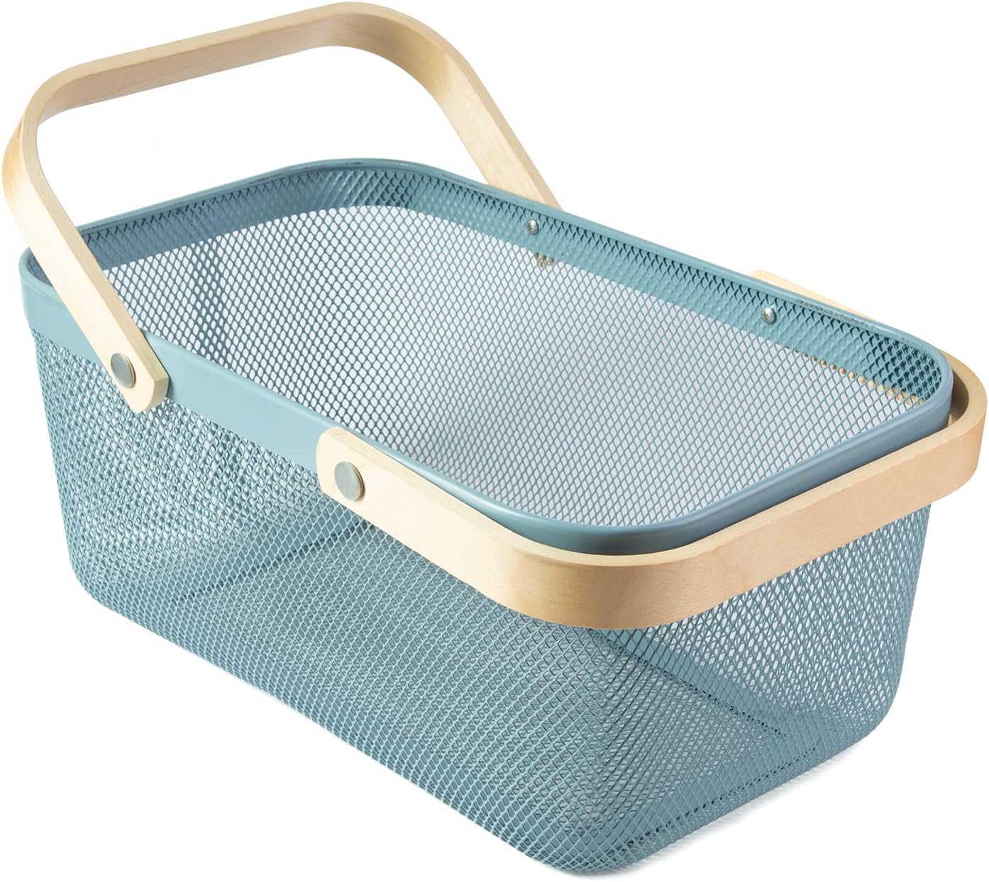 Rectangular Mesh Basket With Double Wooden Handle- Blue - Image 7