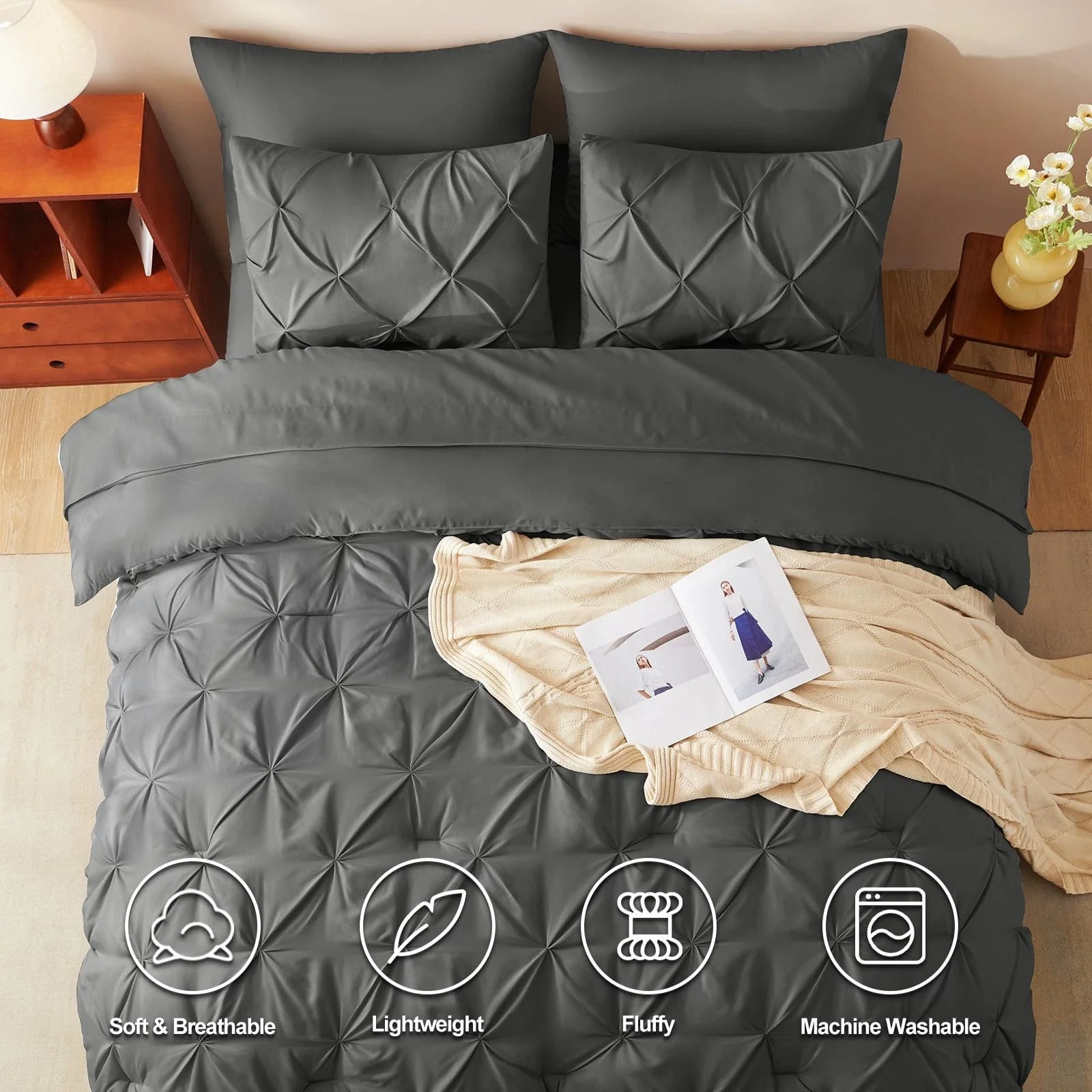 Solid Pintuck Duvet Cover Set-Grey - Image 9