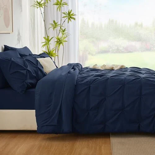 Solid Pintuck Duvet Cover Set-Navy Blue - Image 2