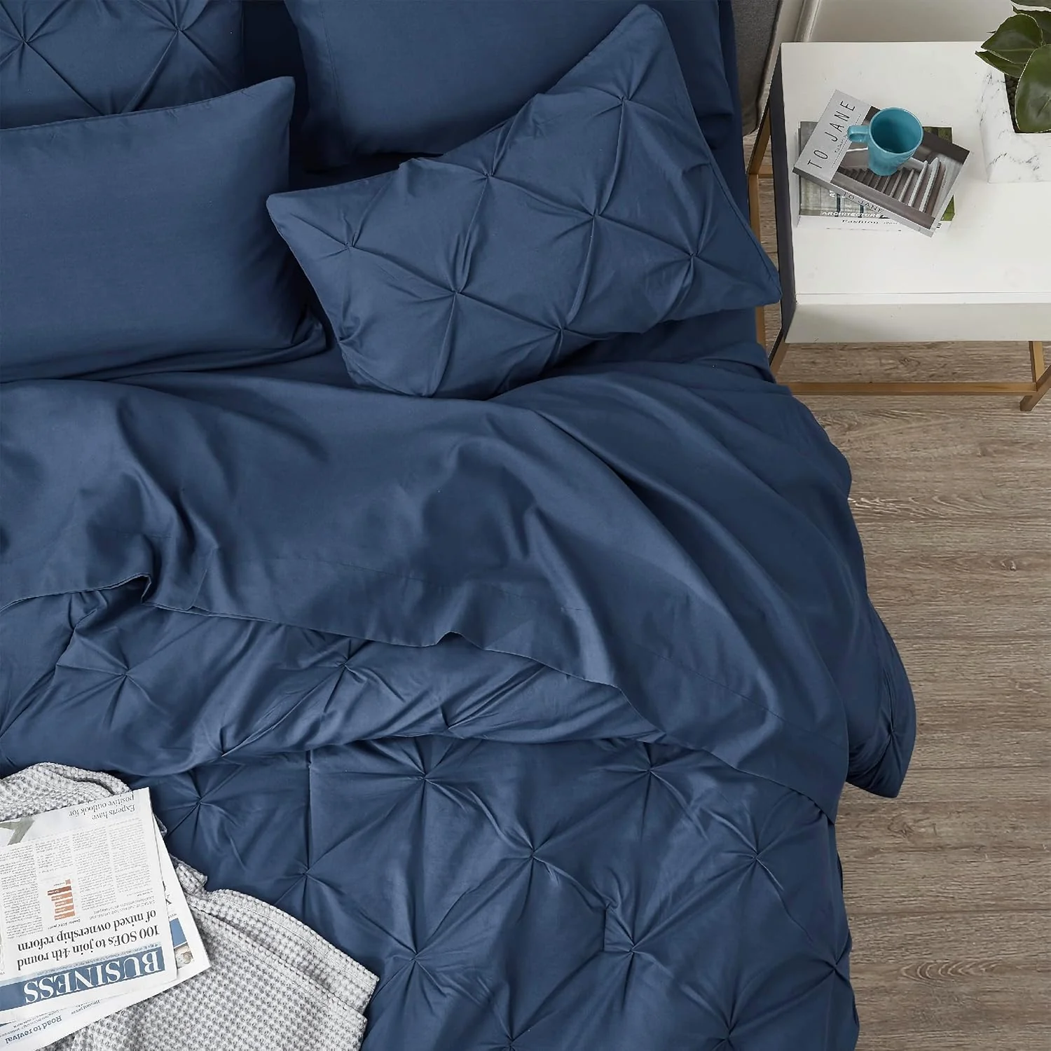 Solid Pintuck Duvet Cover Set-Navy Blue - Image 8