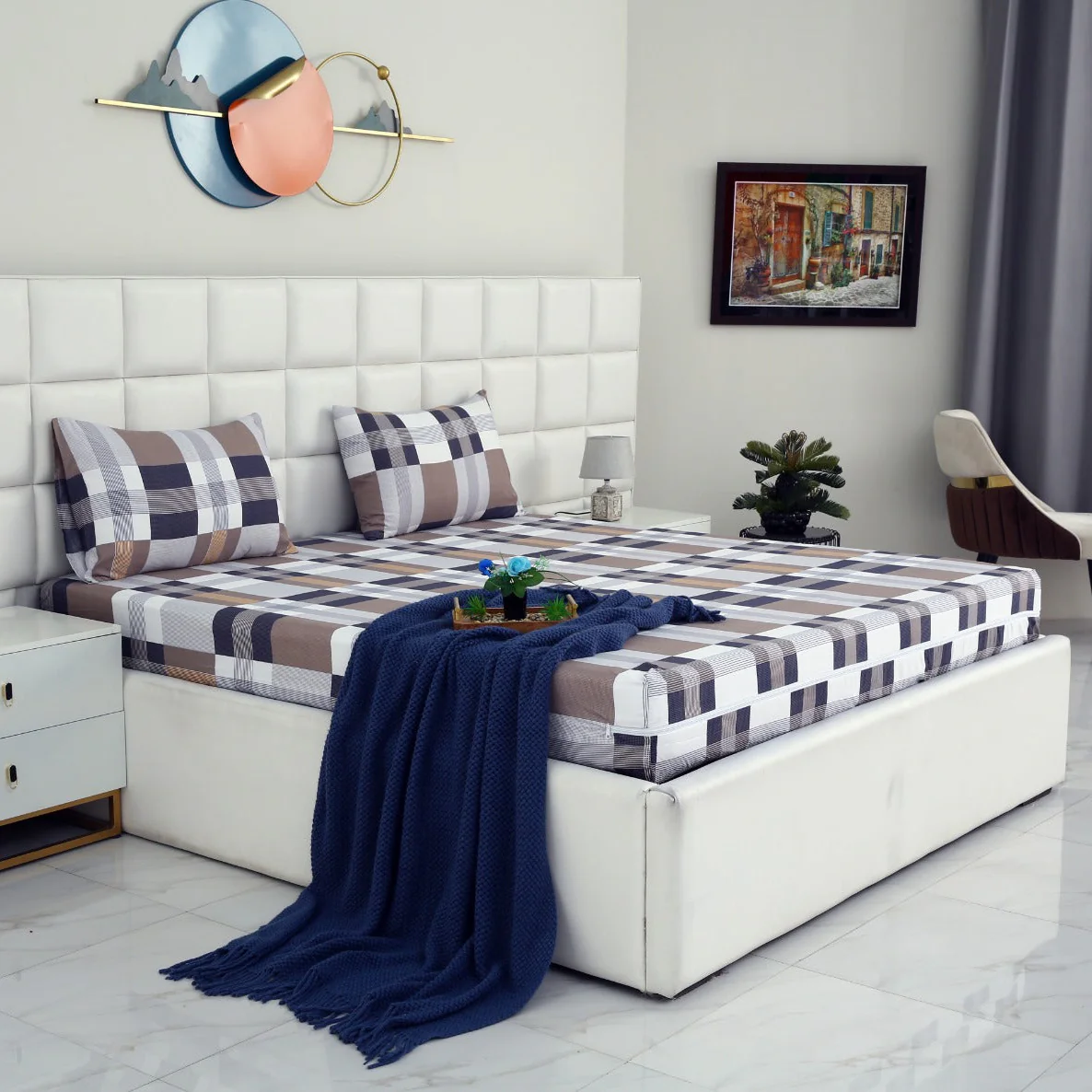 Zipper Mattress Cover Printed-Brown Check