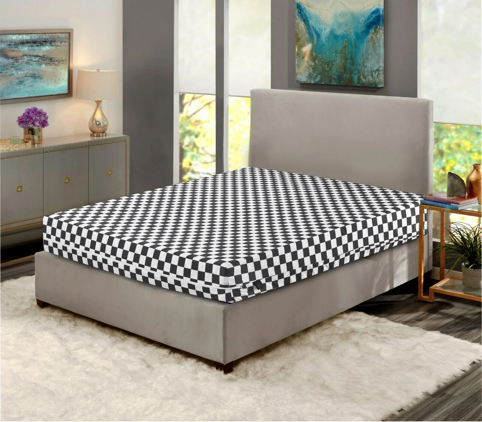 Zipper Mattress Cover Printed-Grey Chess - Image 4