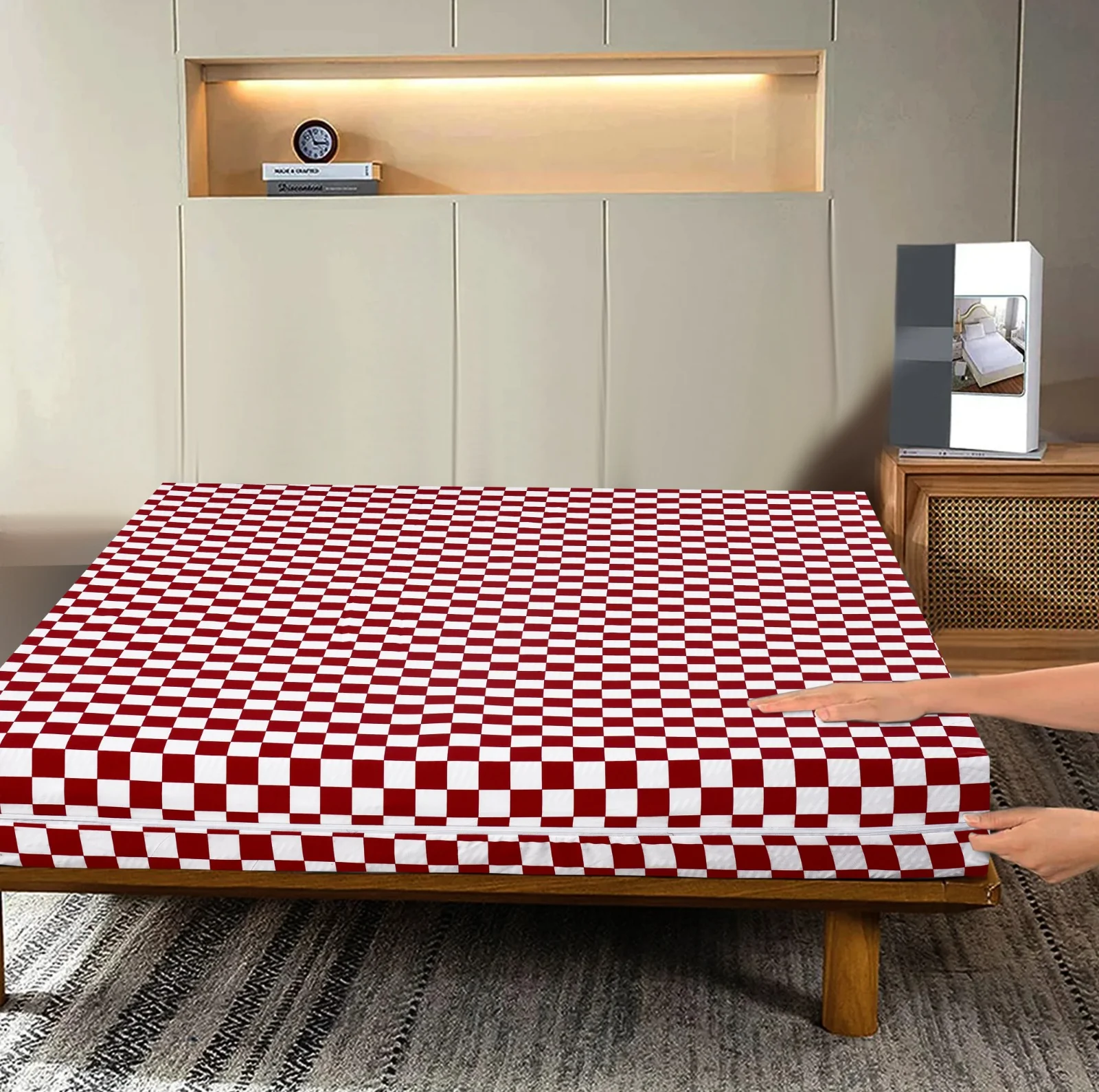 Zipper Mattress Cover Printed-Red Chess - Image 4